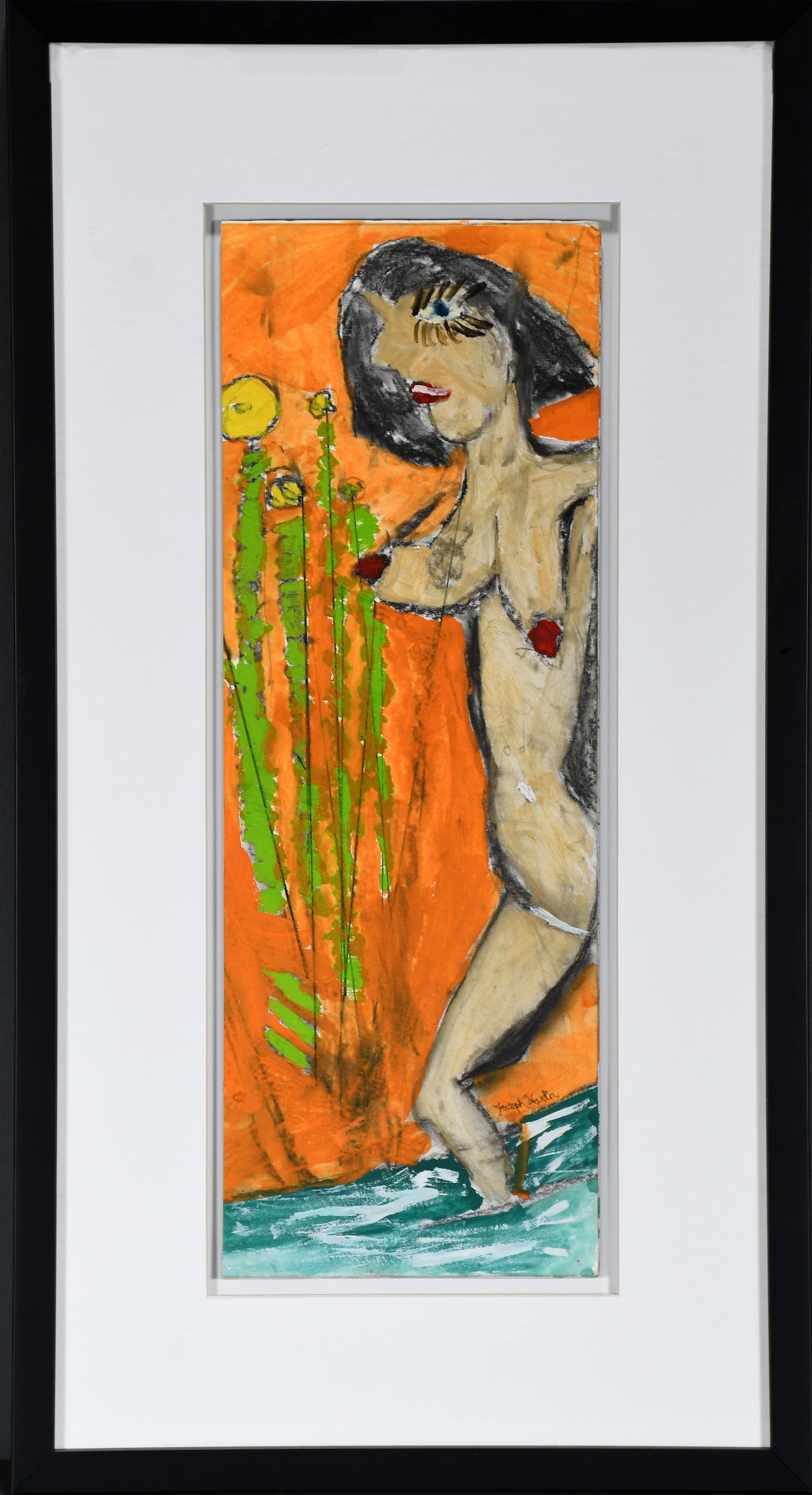 Joseph Hardin. Nude Wading In The Stream.: Joseph Hardin. Nude Wading In The Stream. Signed. Paint and marker on cardstock. Excellent condition. Image is 7" w x 19.5" h . Frame is 15" w x 27" h. Provenance: The Larry and Jane Schlachter Collec