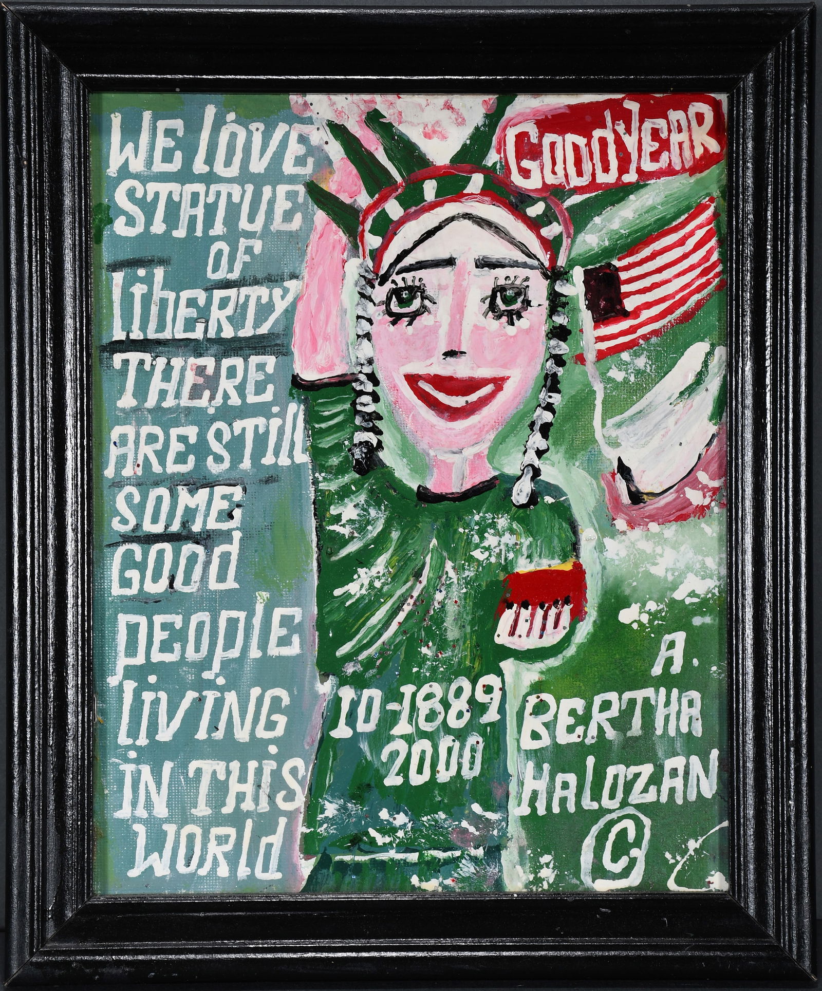 Bertha Halozan. Statue of Liberty Green Background. (1 of 2)