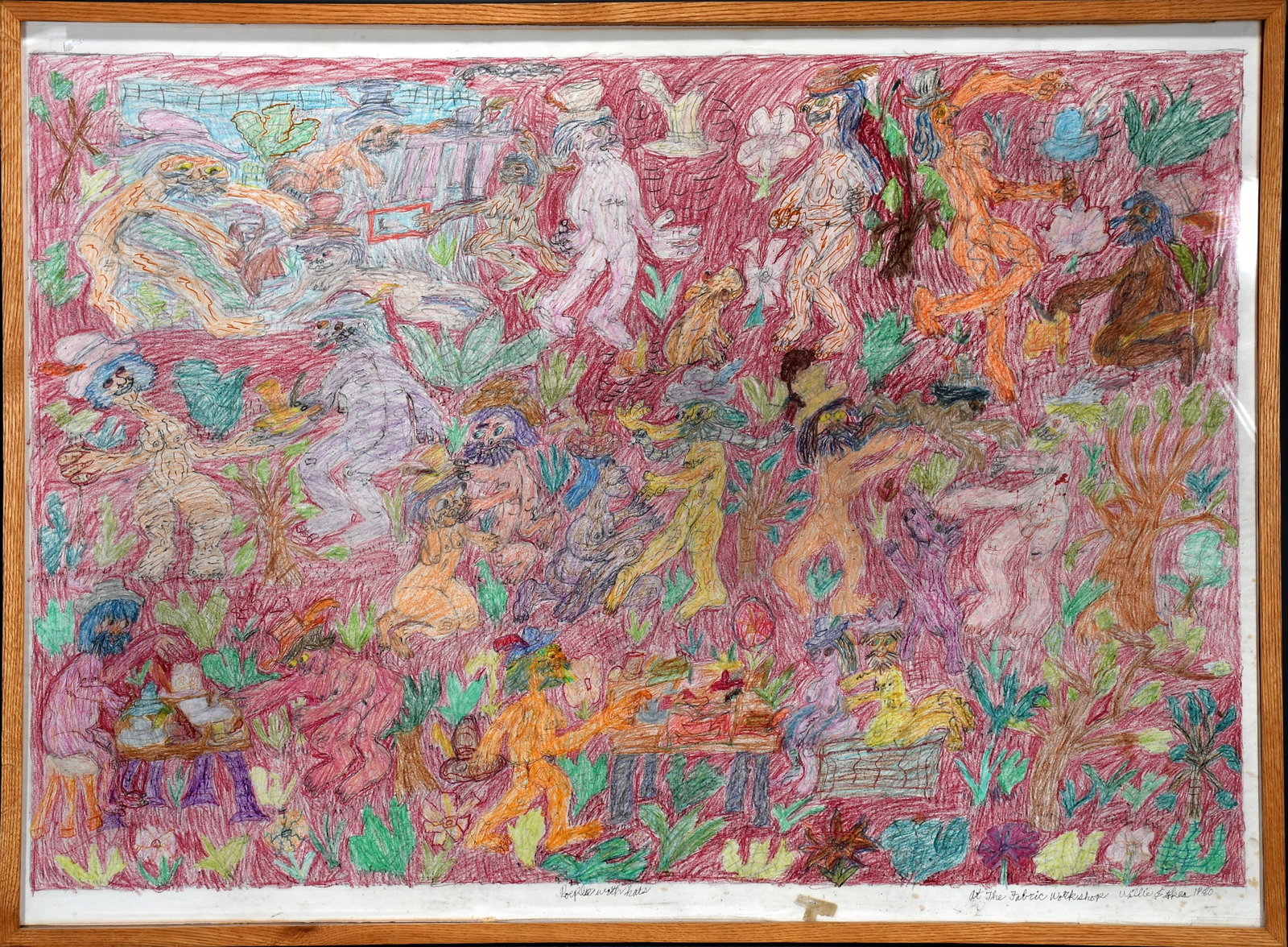 Willie Stokes. People With Eats (Erotic).: Willie Stokes. People With Eats (Erotic). 1980. Signed, dated and titled. Crayon and marker on paper. Minor foxing lower right, otherwise very good condition. Frame is 51" w x 38" h. Provenance: Janet