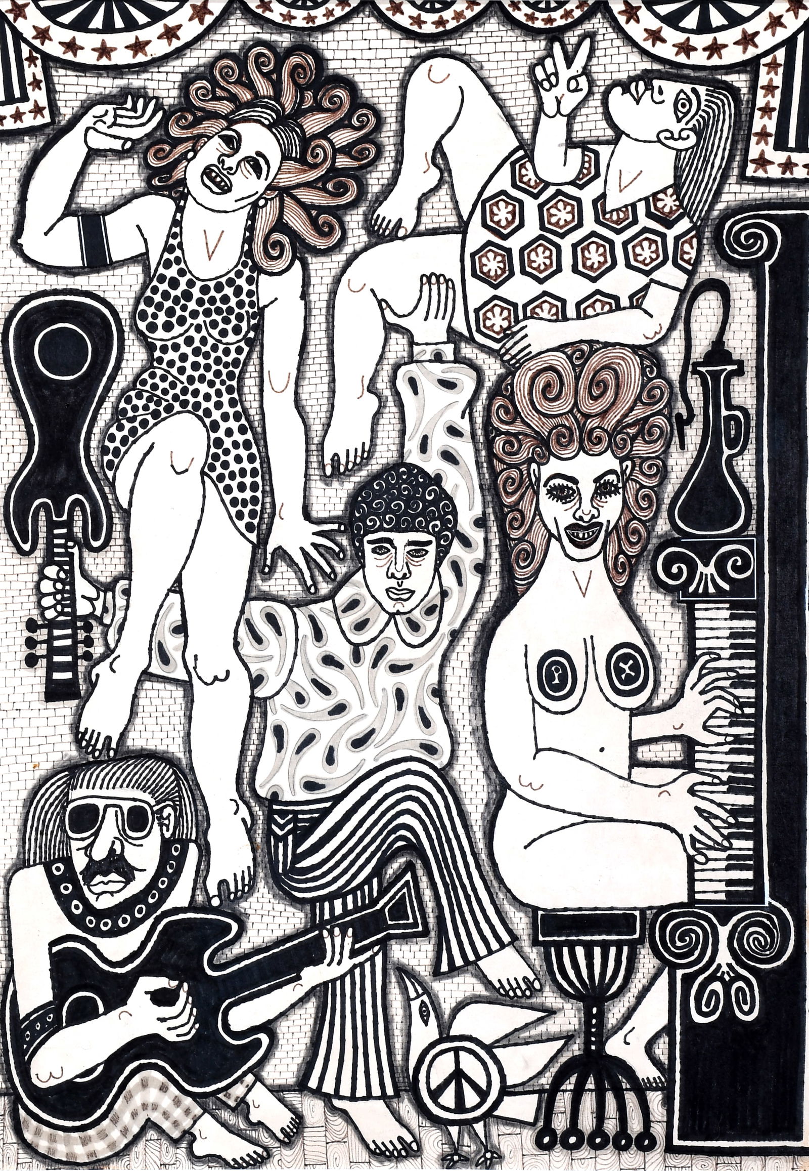 Rex Clawson. Beatnik Club.: Rex Clawson. Beatnik Club. Possibly singed lower right corner. Marker and ink on paper. Excellent condition. Frame is 19" w x 25" h. Est. $800-1,200. Ship: $85