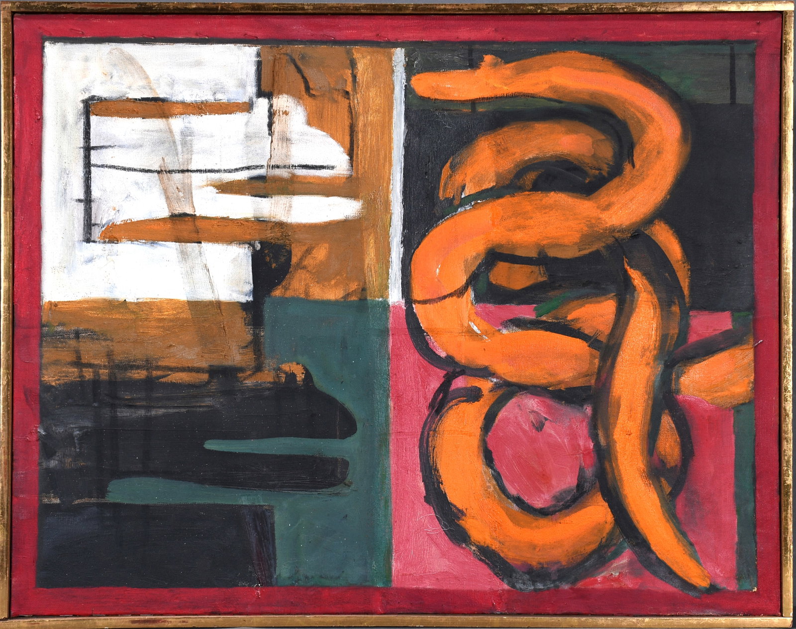Irving Kriesberg. Orange Snake.: Irving Kriesberg (1919-2009). Orange Snake. 1963. Signed, dated and titled. Oil on canvas. Minor surface grime consistent with age, otherwise great condition. Size with frame is 29" w x 23" h. Provena