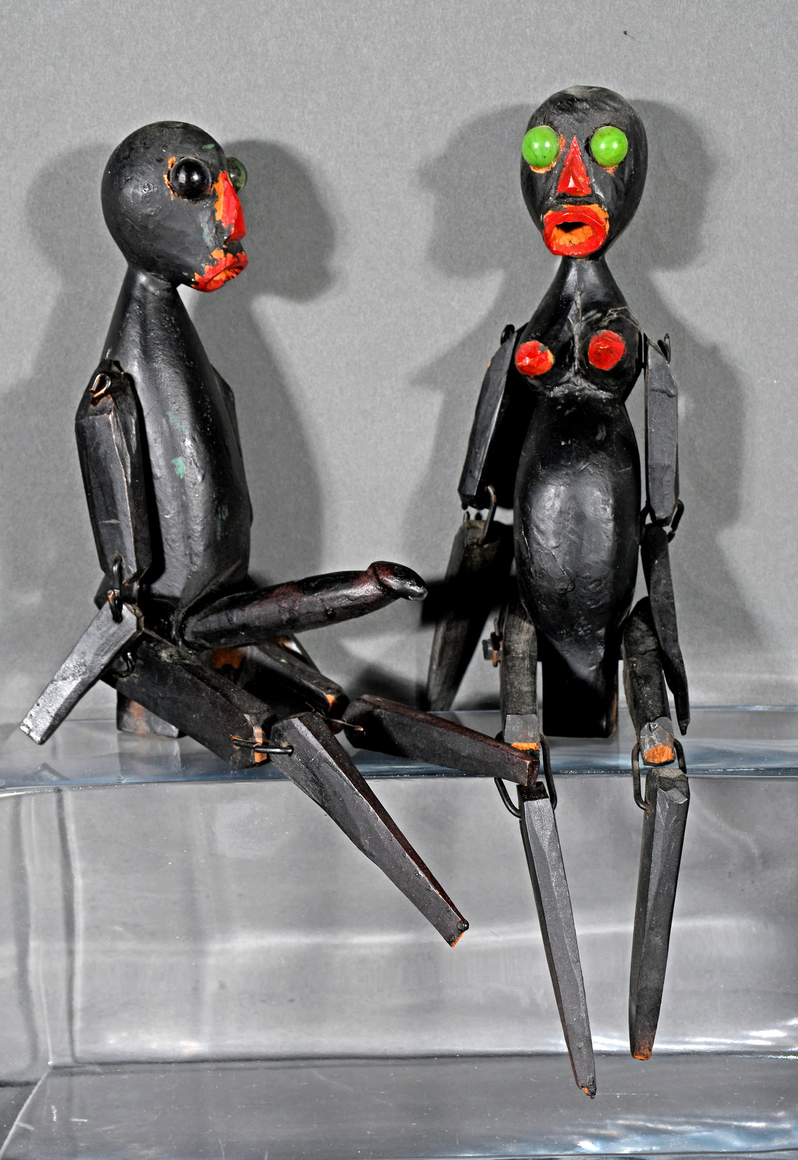 Henry York. Erotic Couple.: Henry York. Erotic Couple. Carved and painted wood with mixed media. Excellent condition. 15" h each. Est. $300-$500. Ship: $45