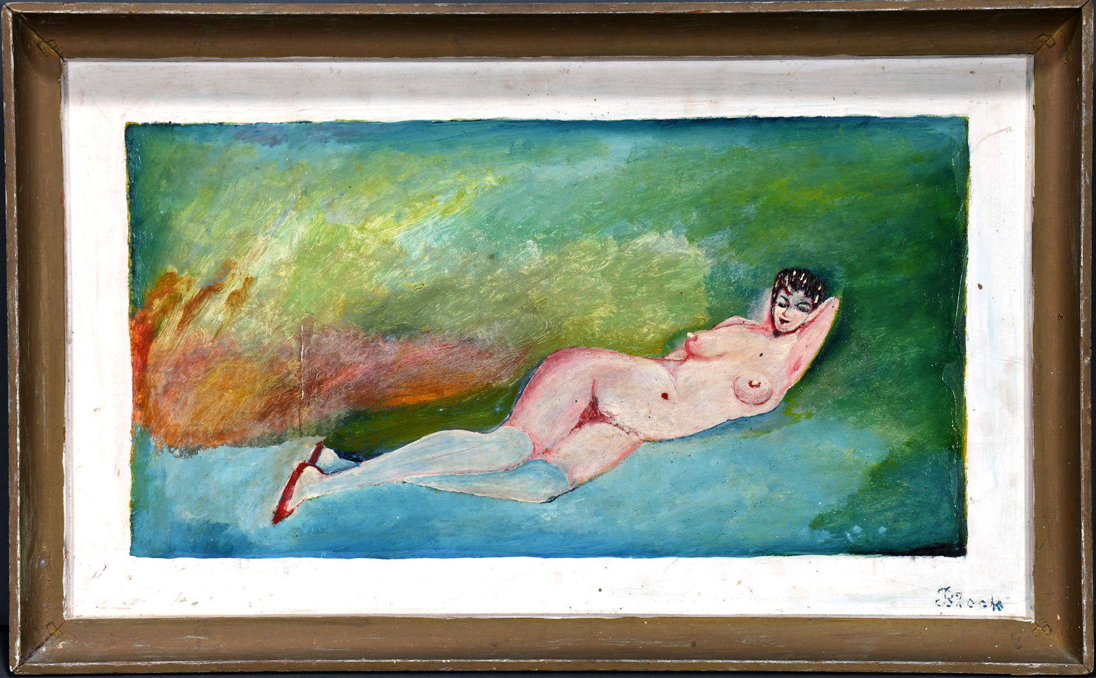 Old Man Block. Reclining Nude.: Old Man Block. Reclining Nude. Signed. Paint on cardboard. Great condition. Size with original frame is 26.5" w x 16.5" h. Est. $200-$300. Ship: $45