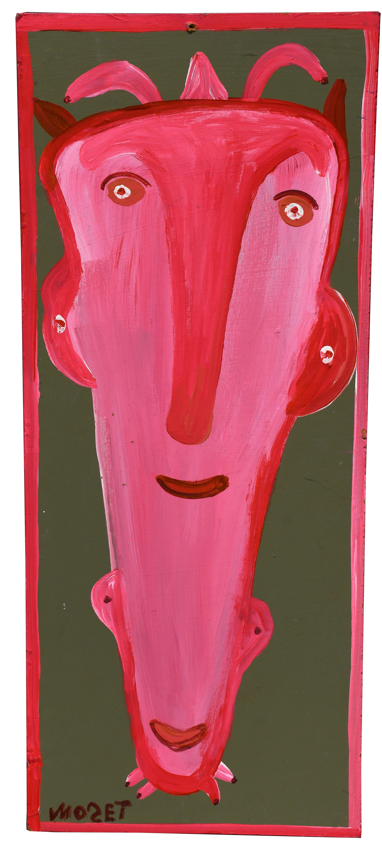 Mose Tolliver. Just Me.: Mose Tolliver. Just Me. Signed and titled. Paint on Masonite. Light surface grime, otherwise great condition. 12" w x 29" h. Est. $1,000-1,500. Ship: $55