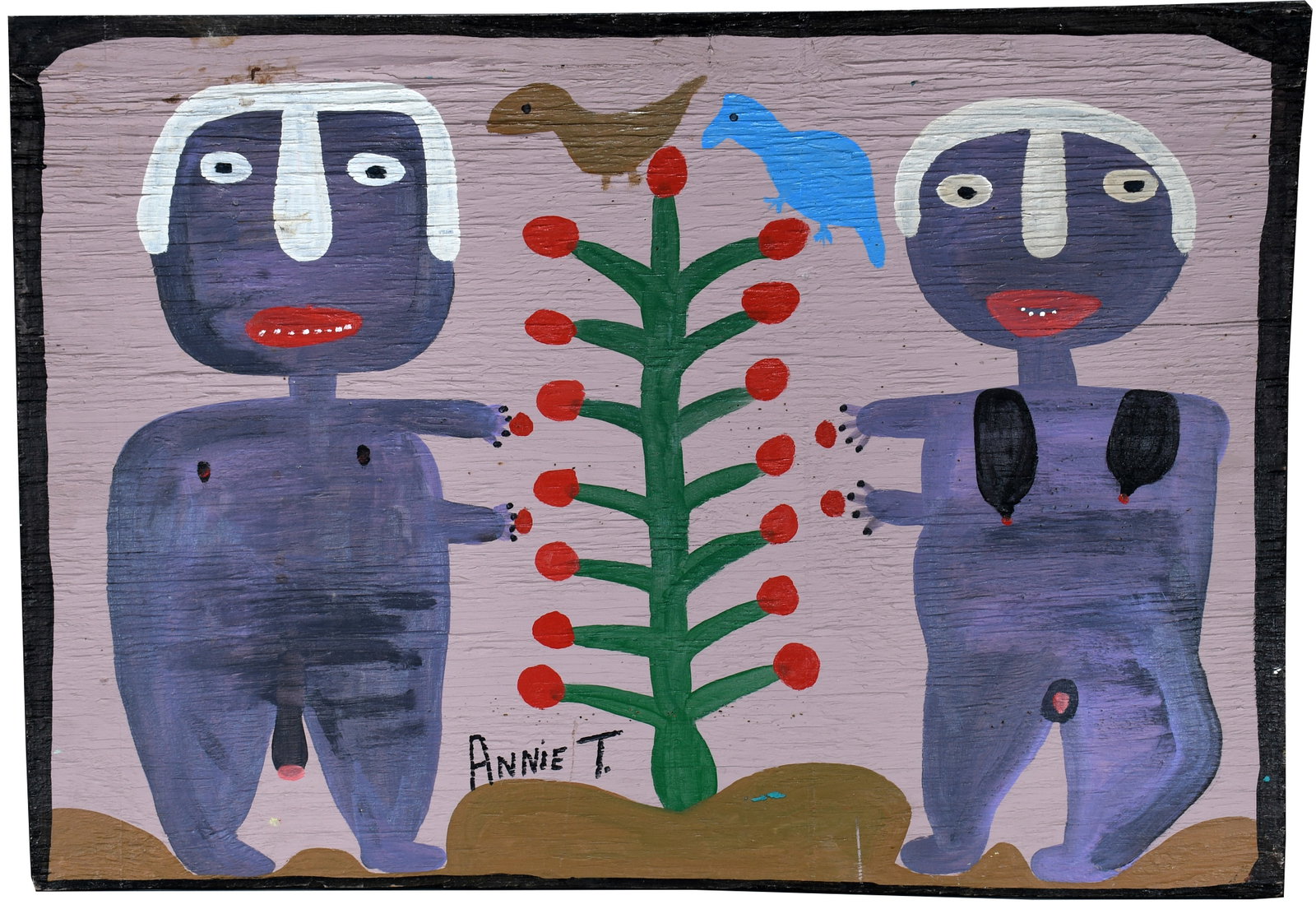 Annie Tolliver. Adam and Eve and Birds.: Annie Tolliver. Adam and Eve and Birds. c. 1991. Signed and titled. Paint on board. Some surface grime, otherwise good to fair condition with some scratches. The grime looks like it could be cleaned w