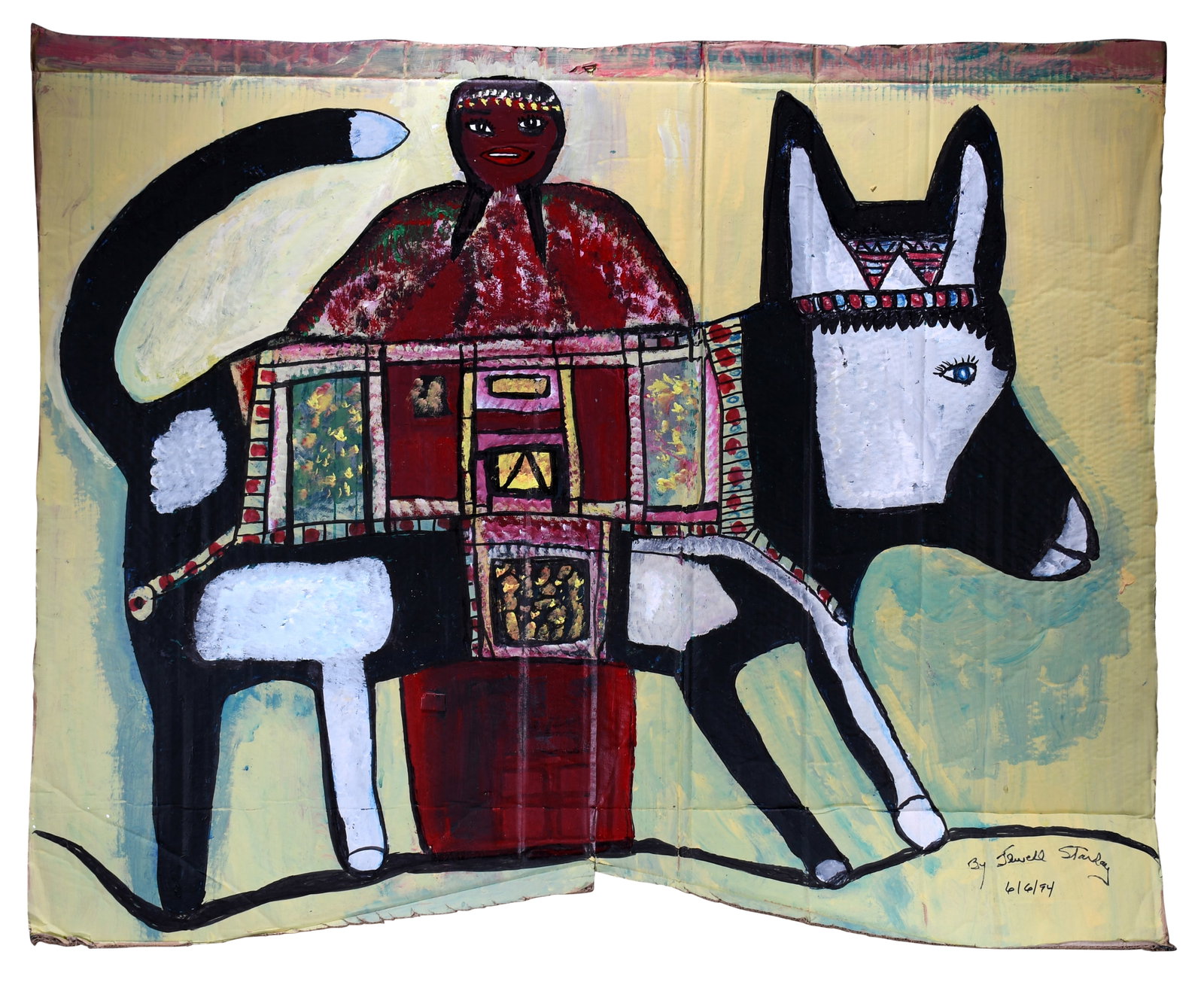 Jewell Starday. Untitled Figure with Animal.: Jewell Starday. Untitled. (Figure with Animal). 1994. Signed and dated. Paint on found large cardboard. Rough edges and creases, otherwise in good as-found condition. 55" w x 44" h. Provenance: Purcha