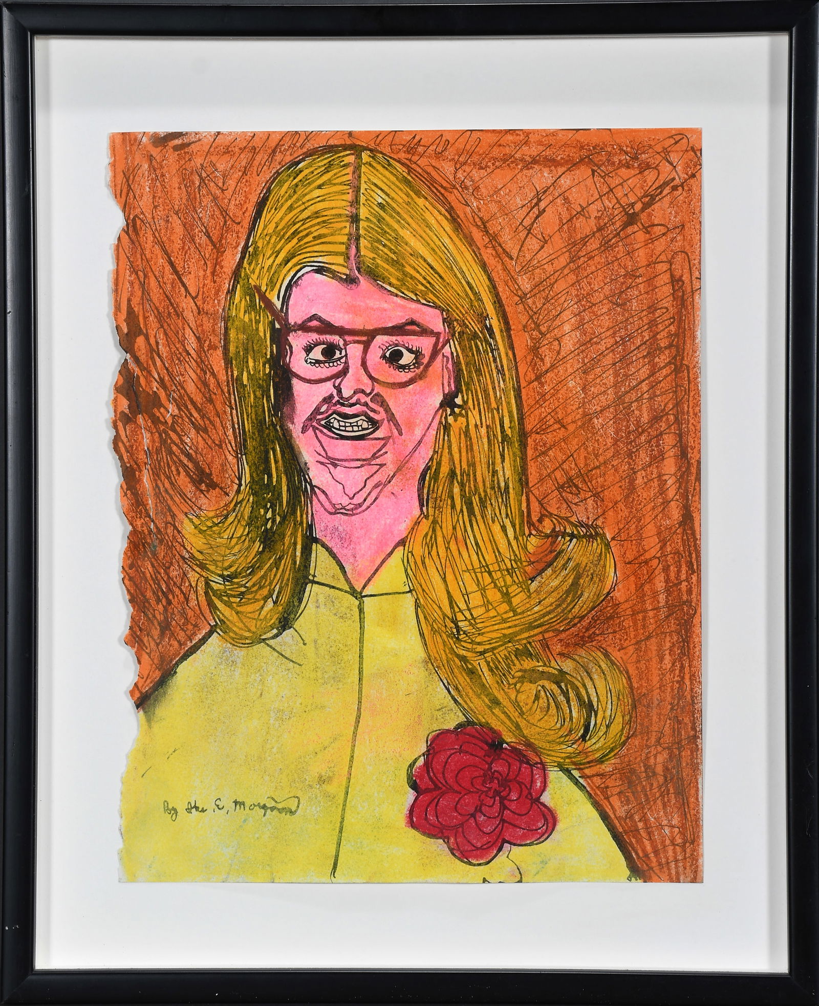 Ike Morgan. Lady In Yellow.: Ike Morgan. Lady In Yellow. Signed. Paint and marker on paper. Great condition. Frame is 14" w x 18" h. Est. $200-$400. Ship: $45
