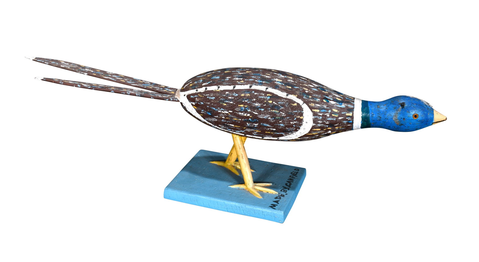 Okey Canfield. Blue Pheasant.: Okey Canfield. Blue Pheasant. Signed. Carved and painted wood. Missing one tail feather, otherwise good condition. 10" x 31". Est. $300-$500. Ship: $85