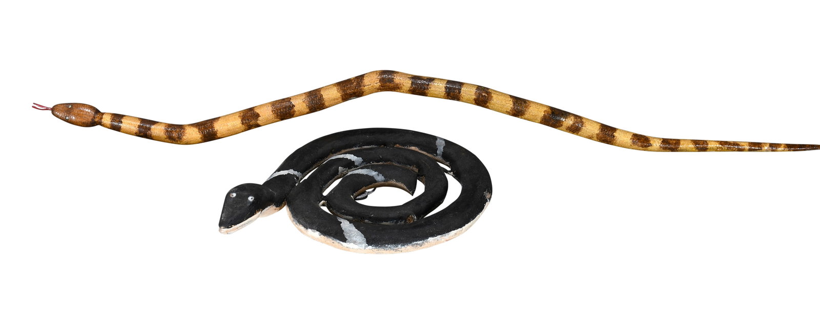 H.A. Brown and O.L. Spencer. Two Snakes.: H.A. Brown and O.L. Spencer. Two Snakes. Initialed. Carved and painted wood with plastic eyes. Excellent condition. Largest 34" long. Est. $300-500. Ship: $65