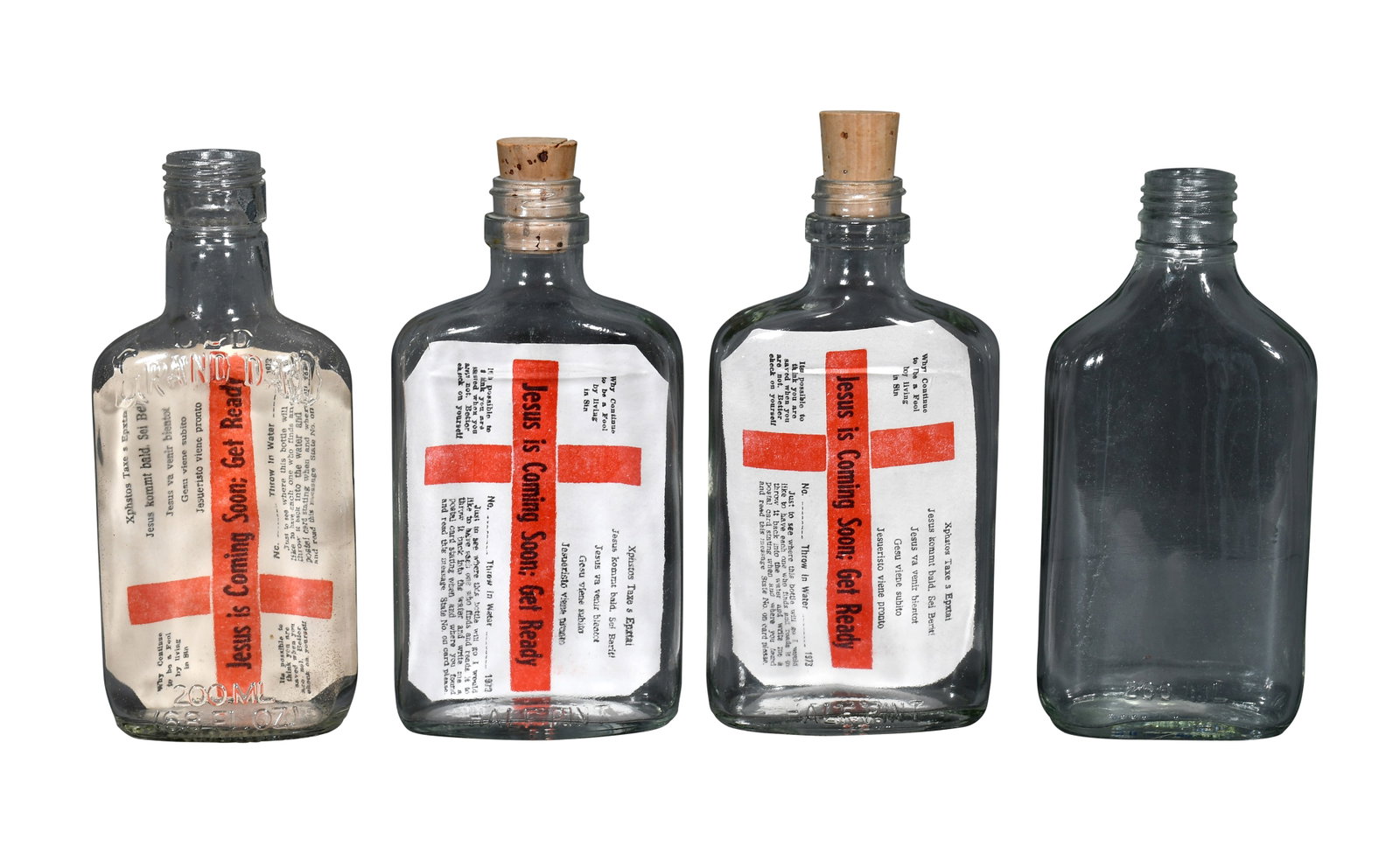 Harrison Mayes. Bottle Ministry Bottles & Photo.: Harrison Mayes. Bottle Ministry Bottles & Photo. Group of four bottles, three with messages inside. Print on paper inside glass whiskey bottles. Photo of Jesus Is Coming Soon sign. Excellent condition