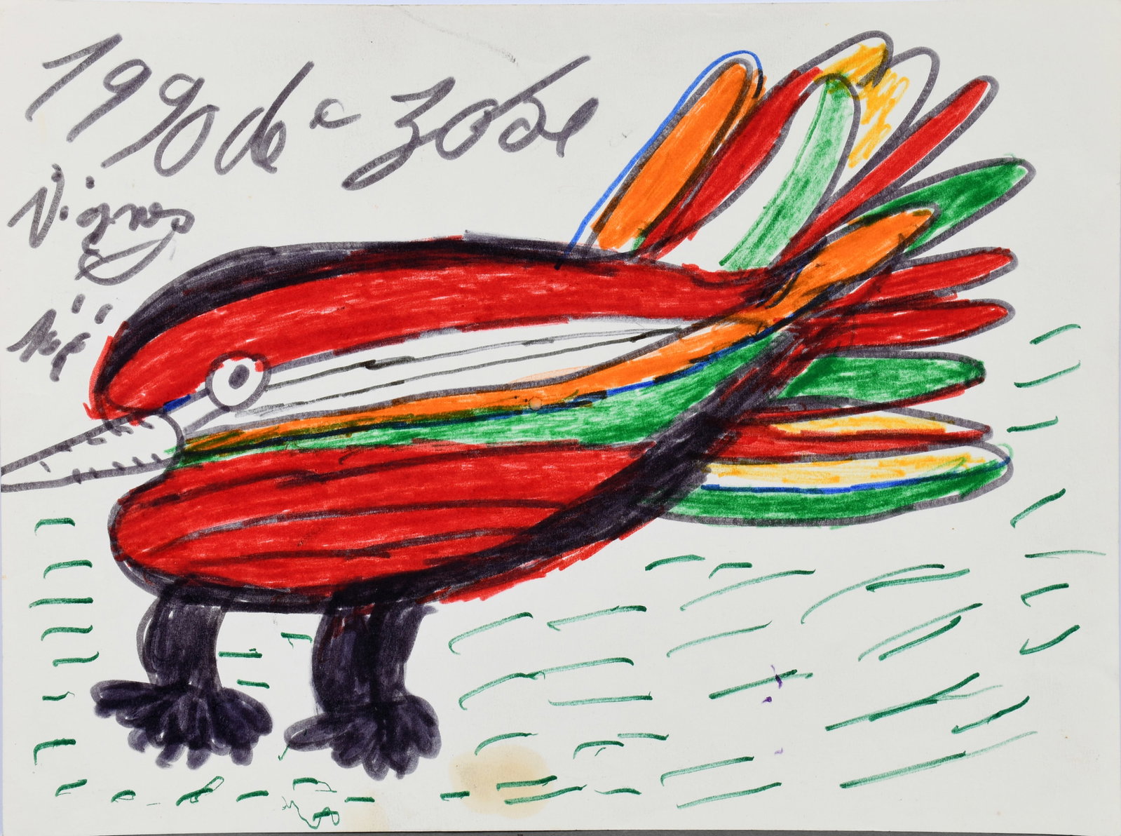 Joseph Pepe Vignes. Fantasy Bird.: Joseph Pepe Vignes. (France 1920-2007). Fantasy Bird. 1990. Signed and dated. Marker on paper. Slight stain at bottom, otherwise good condition. 12.5" w x 9.5" h. Est. $100-200. Ship: $45
