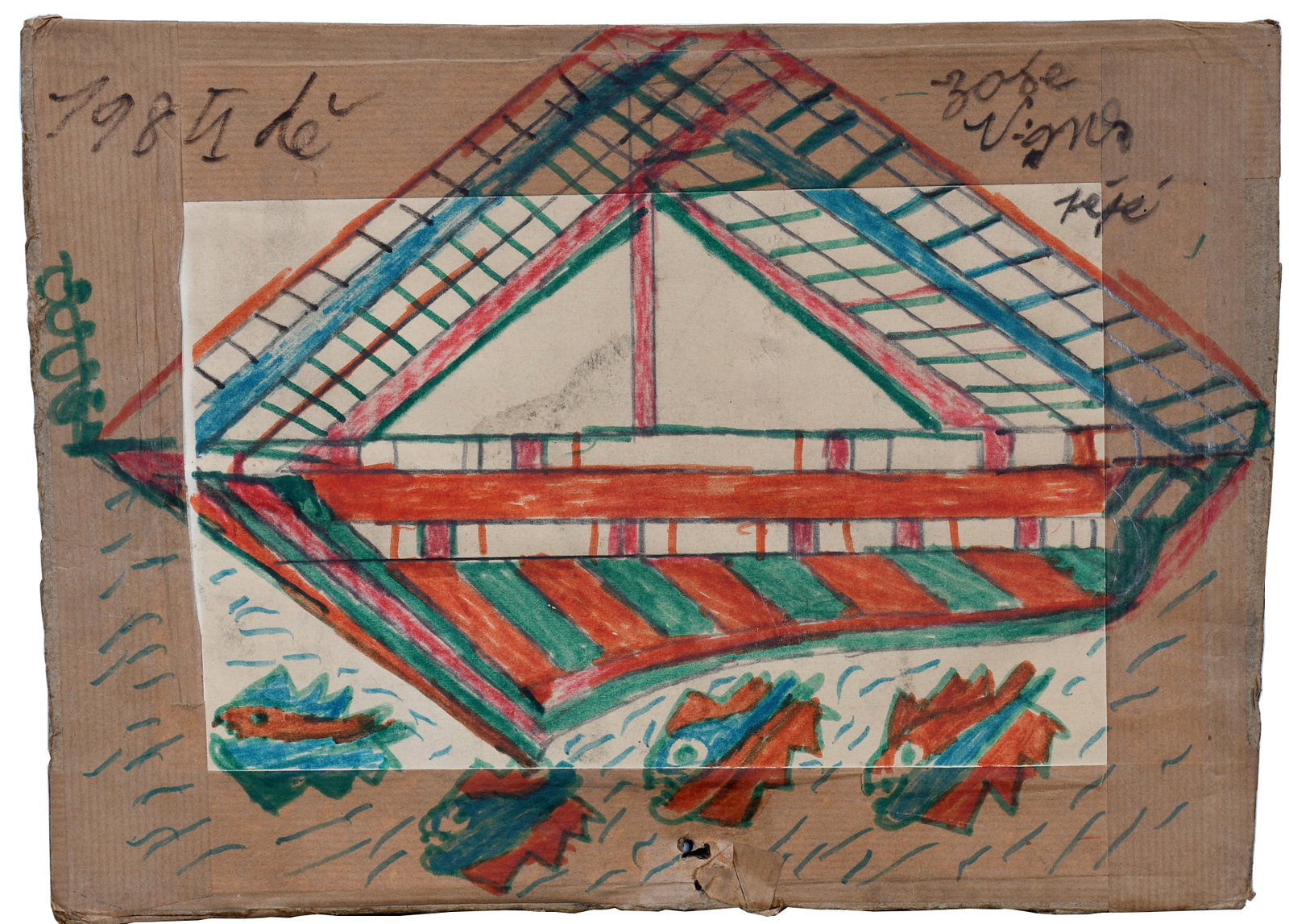 Joseph Pepe Vignes. Fish Under The Dock.: Joseph Pepe Vignes. Fish Under The Dock. 1989. Signed and dated. Marker on found cardboard. Rough edges with holes and some wear and stains, otherwise fair condition. 12.5" w x 9" h. Est. $100-200. Sh