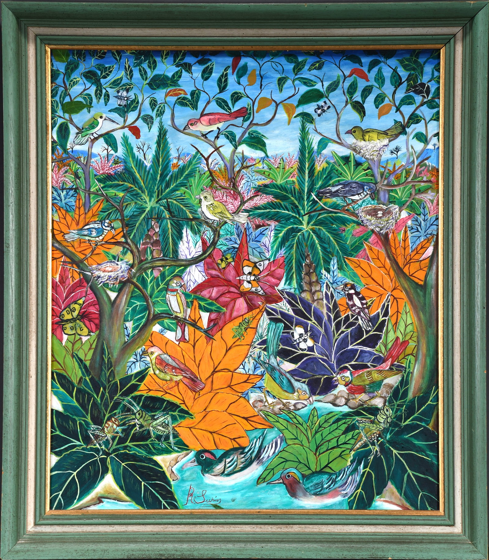 R. Surin. Fauna and Flora of the Haitian Jungle: R. Surin. Fauna and Flora of the Haitian Jungle. Signed. Oil on Masonite. Excellent condition. Frame is 24" w x 28" h. Est. $200-400. Ship: $55