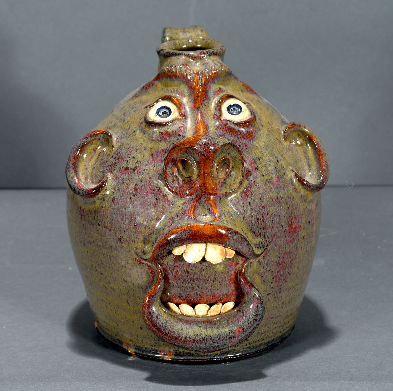 Roger Corn.  Open Mouth Frog skin Green Jug. (1 of 3)