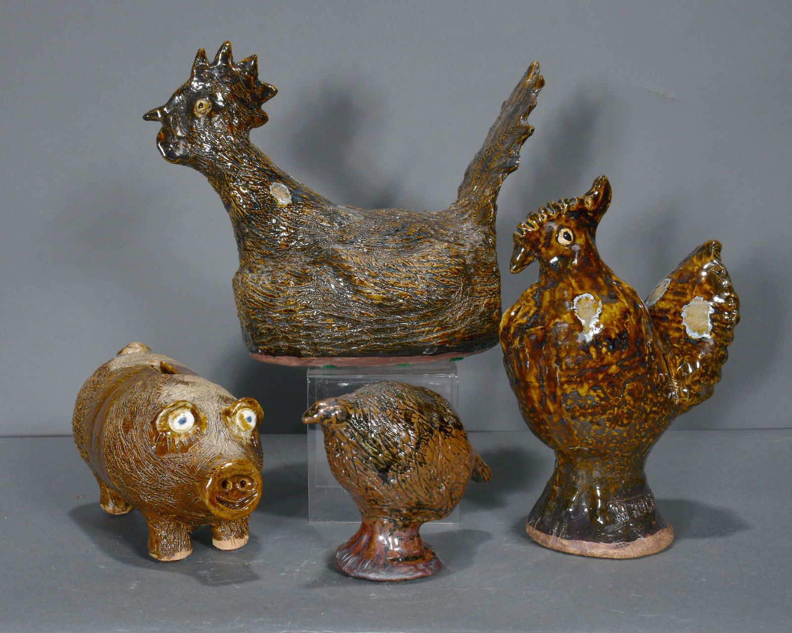 Marie Rogers.   Barnyard Group.  Chicken, Rooster, Pheasant and Pig. (1 of 3)