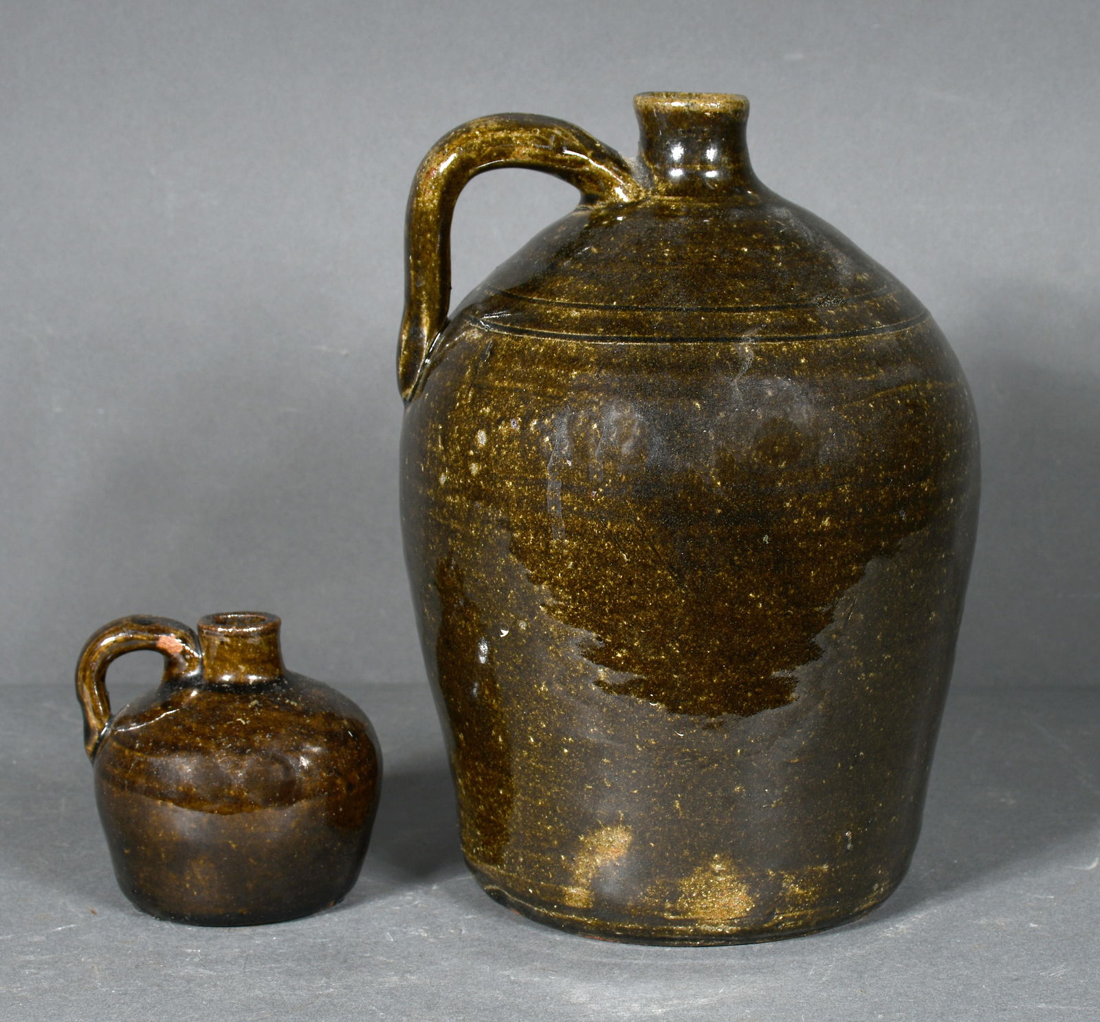 Cheever Meaders Attributed.  Whiskey Jug and Mini Whiskey Jug. (1 of 4)