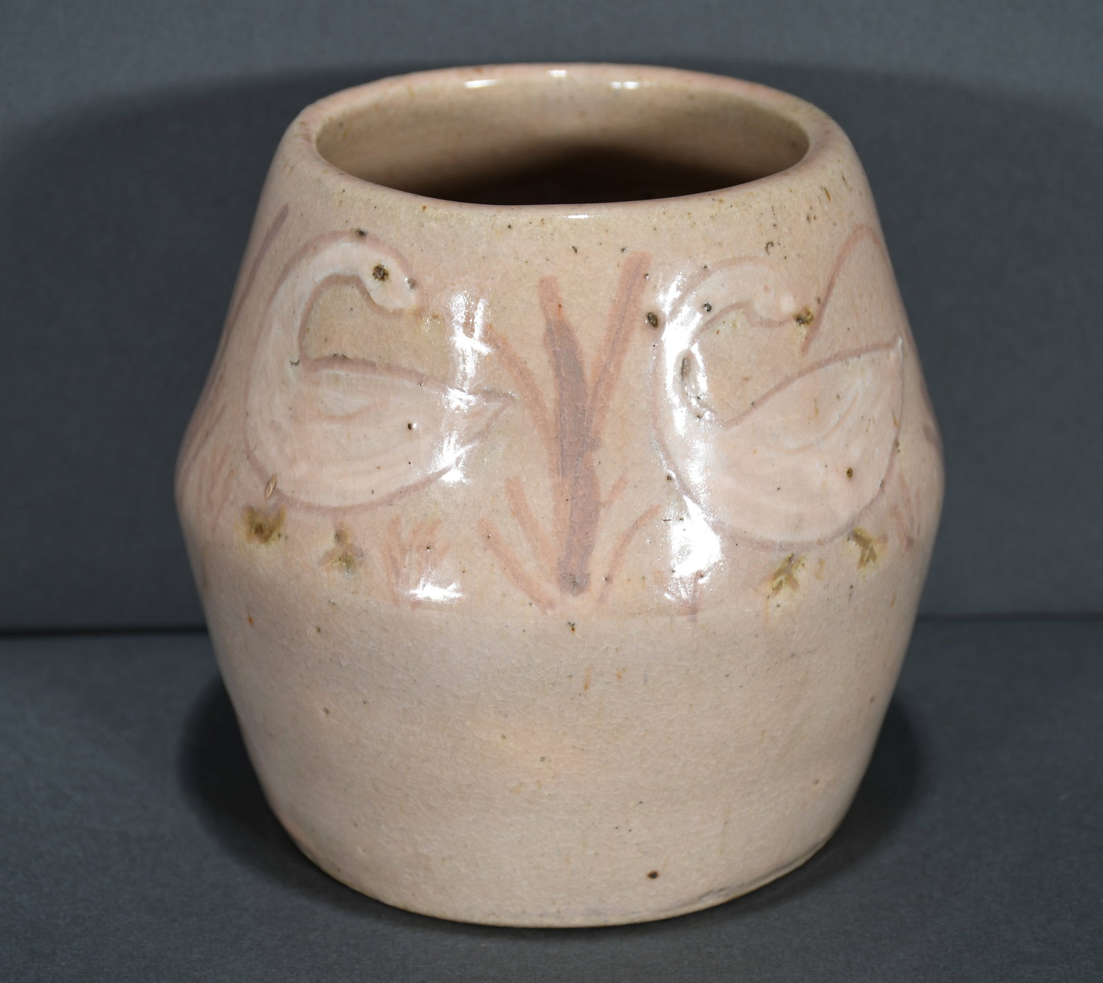 Meaders Pottery 'Arie's'. Painted Glaze Decorated Geese in the Round.: Meaders Pottery "Arie's". Painted Glaze Decorated Geese in the Round. c. 1970's. 'Meaders Pottery' written in script. Mint condition. 4.5" h. Est. $300-500. Ship: $45