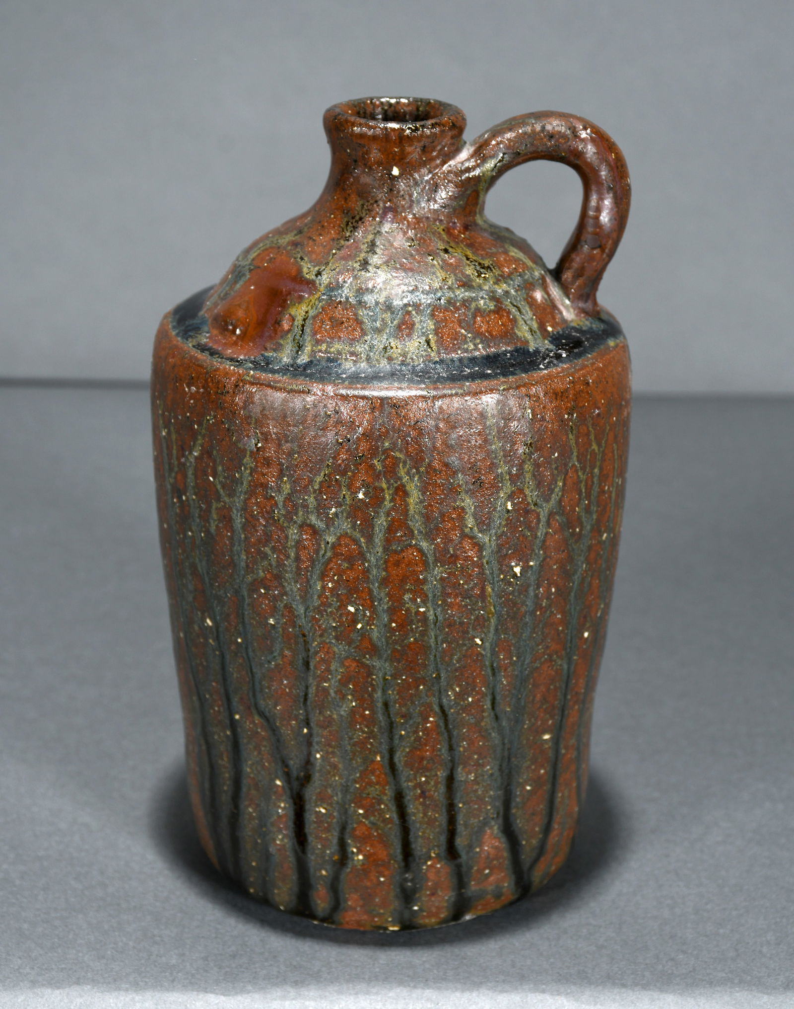 Lanier Meaders.  Half Gallon Whiskey Jug with Dark Rich Veiny Drip Glaze. (1 of 3)