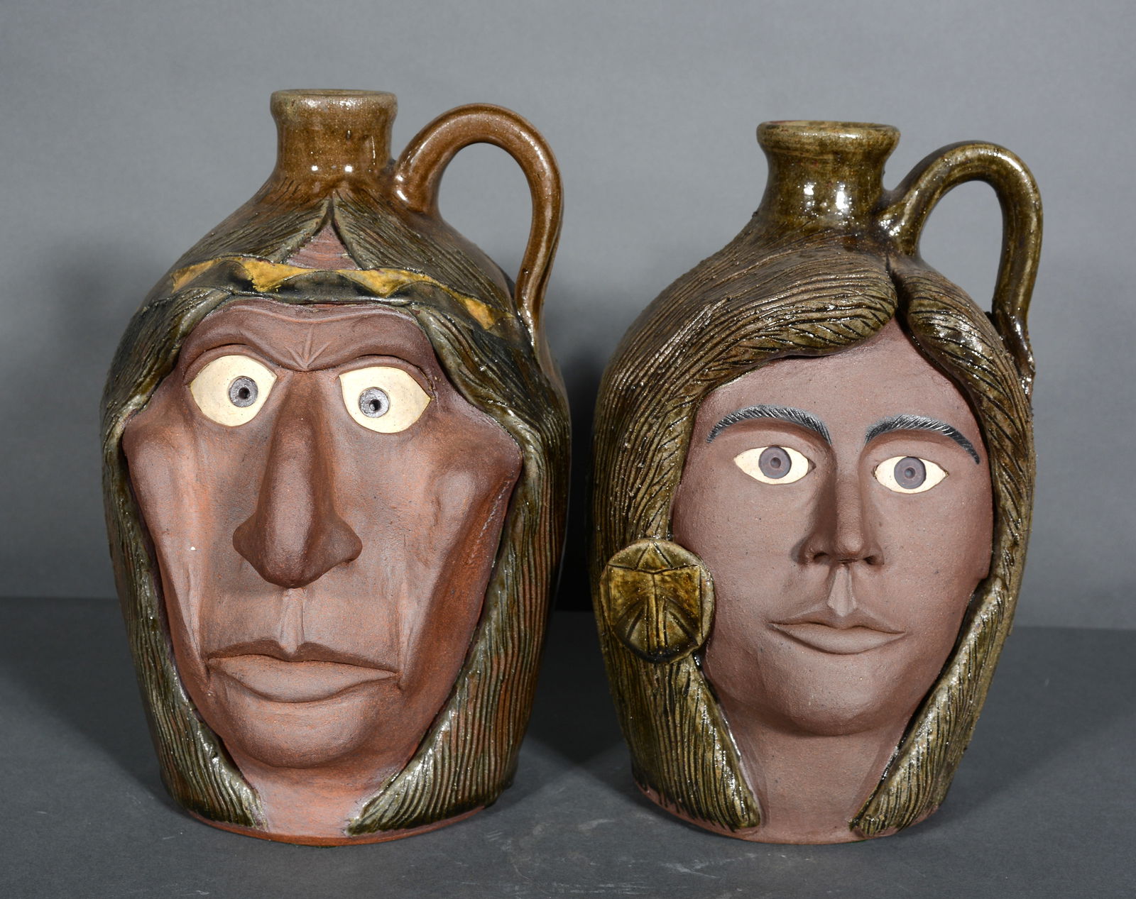 Michael and Melvin Crocker Indian Prince and Princess Face Jugs. (1 of 3)