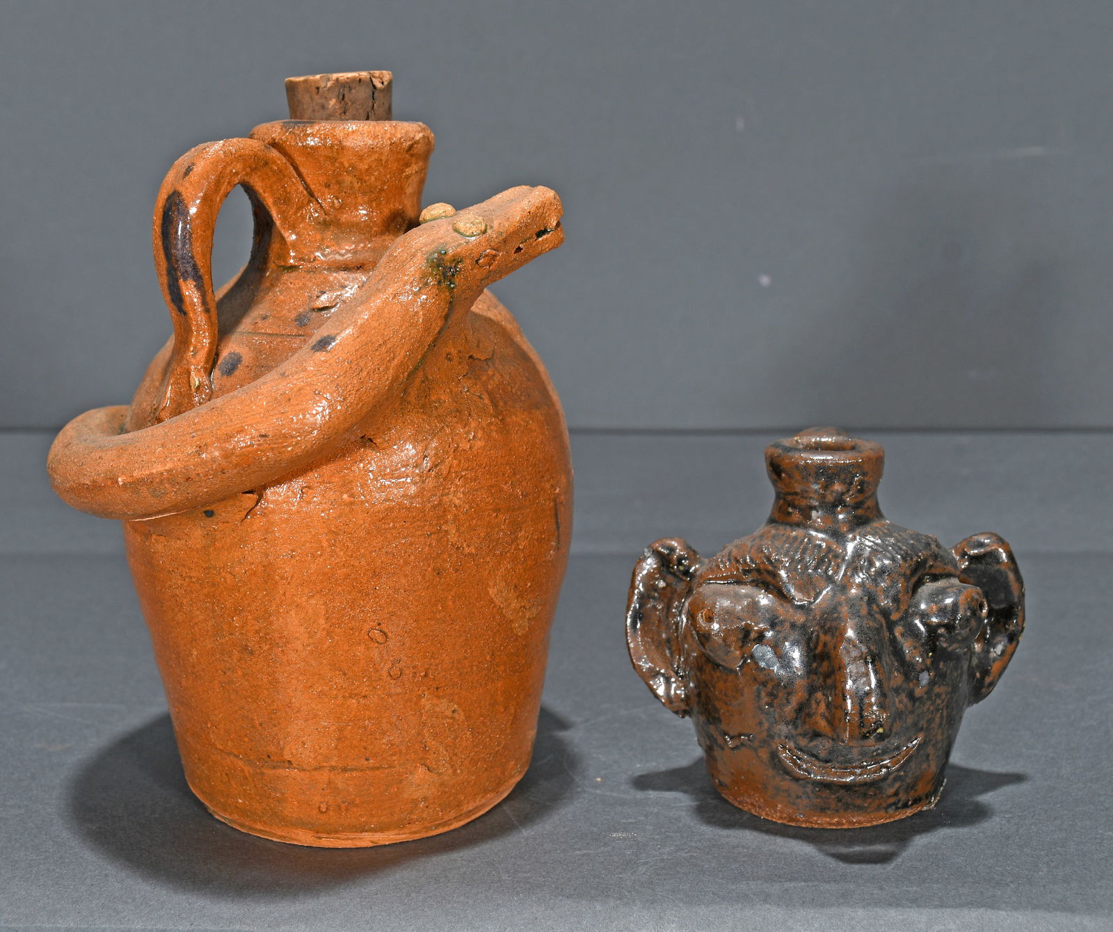 B.B Craig.  Early Primitive Snake Jug and Mini Face Jug. (1 of 4)