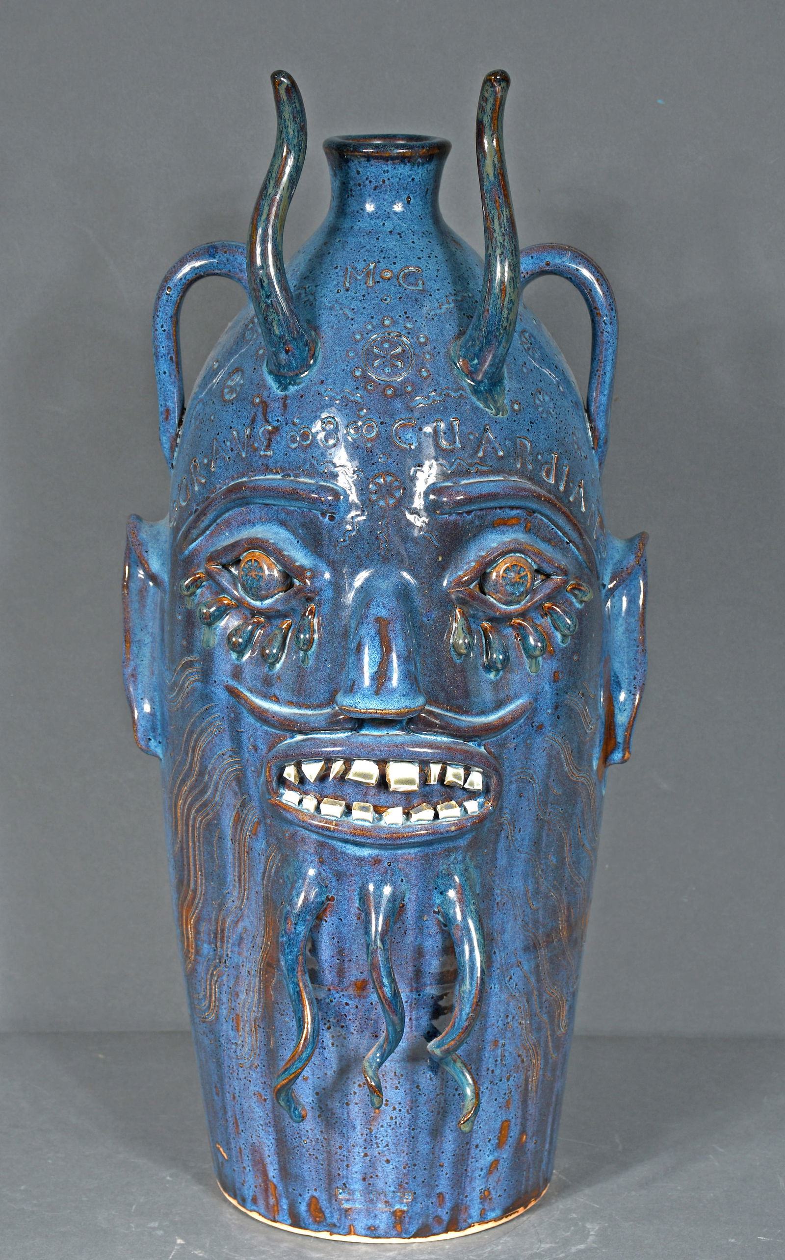 Michael Gates.  5 Gallon Blue Devil Face Jug Grave Guardian. (1 of 5)