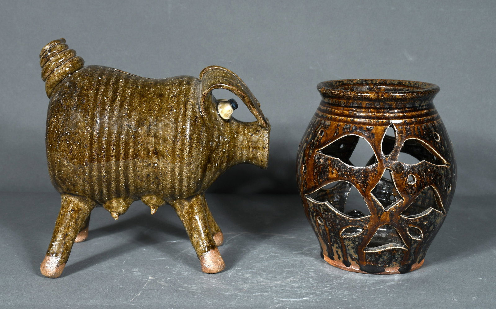 A.V. Smith and Kim Ellington. Piggy Bank and Candle Holder.: A.V. Smith and Kim Ellington. Piggy Bank and Candle Holder. Signed. Mint condition. Average is 7" h. Est. $100-200. Ship: $65