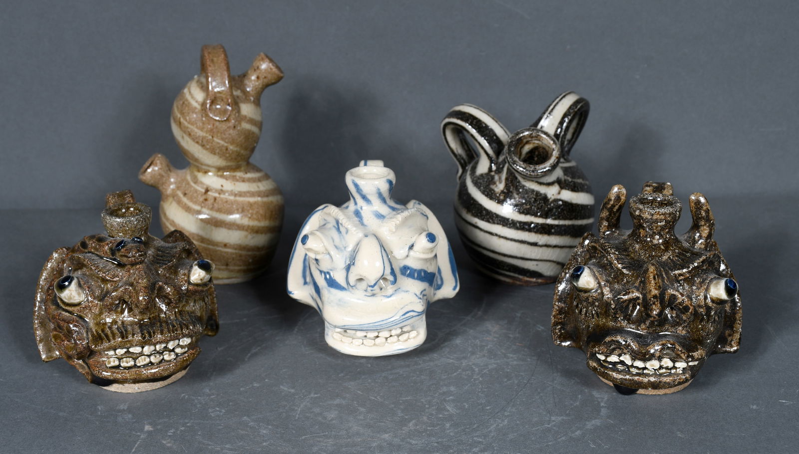 Steve Abee.  Three Mini Face Jugs & Two Swirl Mini Jugs. (1 of 2)