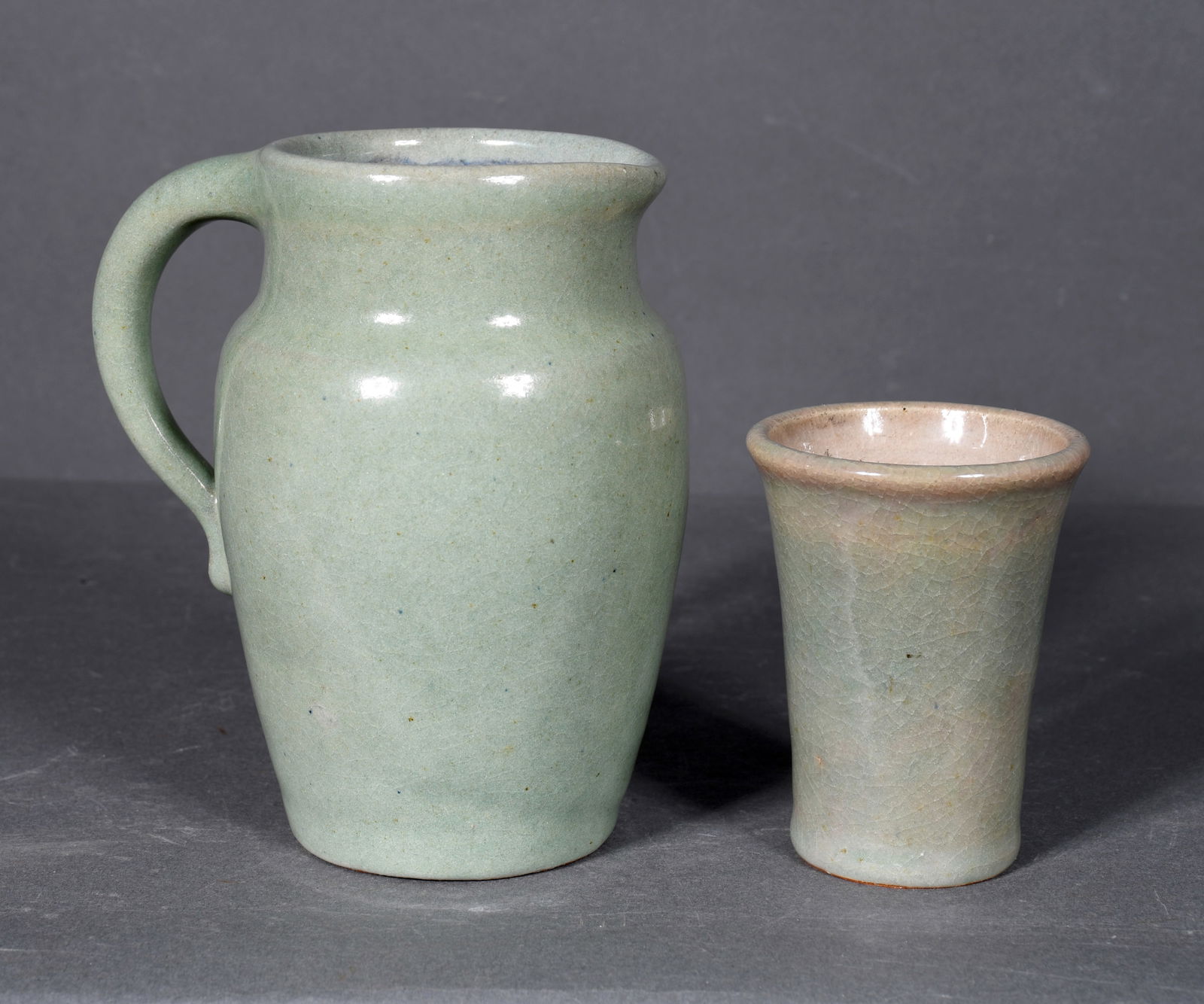 Pisgah Forest Pottery.  Light Green Glazed Cup and Pitcher. (1 of 4)