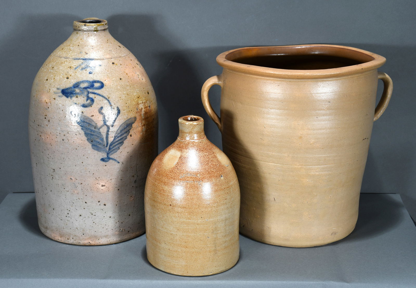 J. Fisher & Anonymous.  NY State Salt Glazed 5 Gallon Jug , Churn & 1 Gallon Jug. (1 of 3)