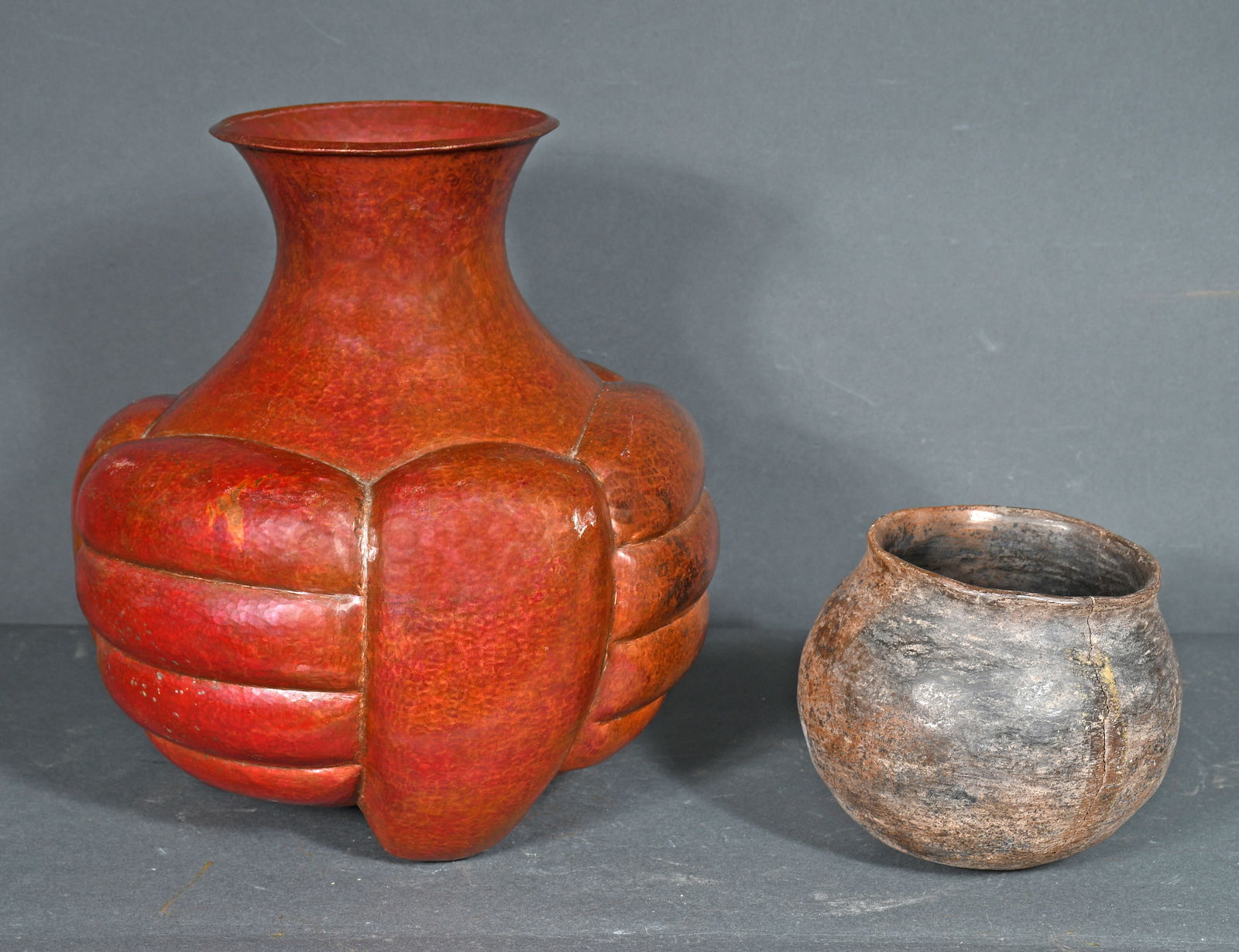 Anonymous.  Copper Vase & Early Native American Clay Pot. (1 of 1)