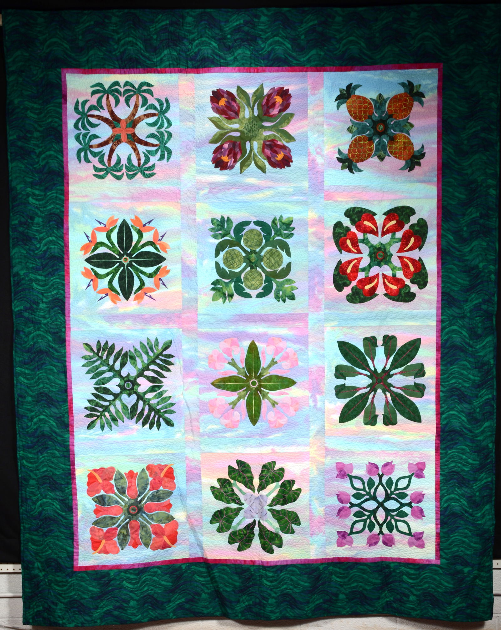 Mary Haunami Cesar.  Quilted by Kathy M. Bento.   Original Hawaiian Design Cotton Quilt. (1 of 5)