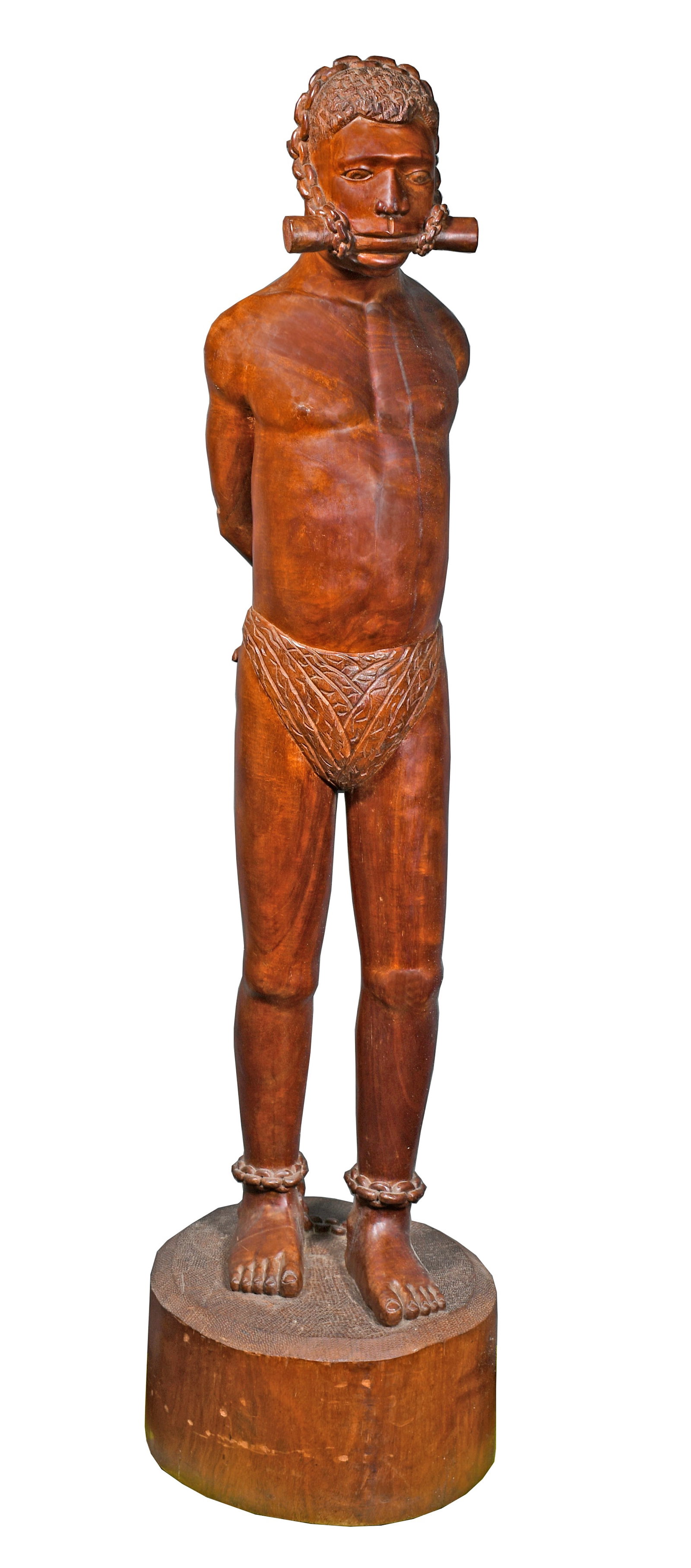 Antique Life-Size Carved Wood Sculpture of an Enslaved African American in Chains.: Antique Life-Size Carved Wood Sculpture of an Enslaved African American in Chains. Carved from a single piece of wood and stained wood with wax. Excellent detail. Masterpiece example. Total height inc