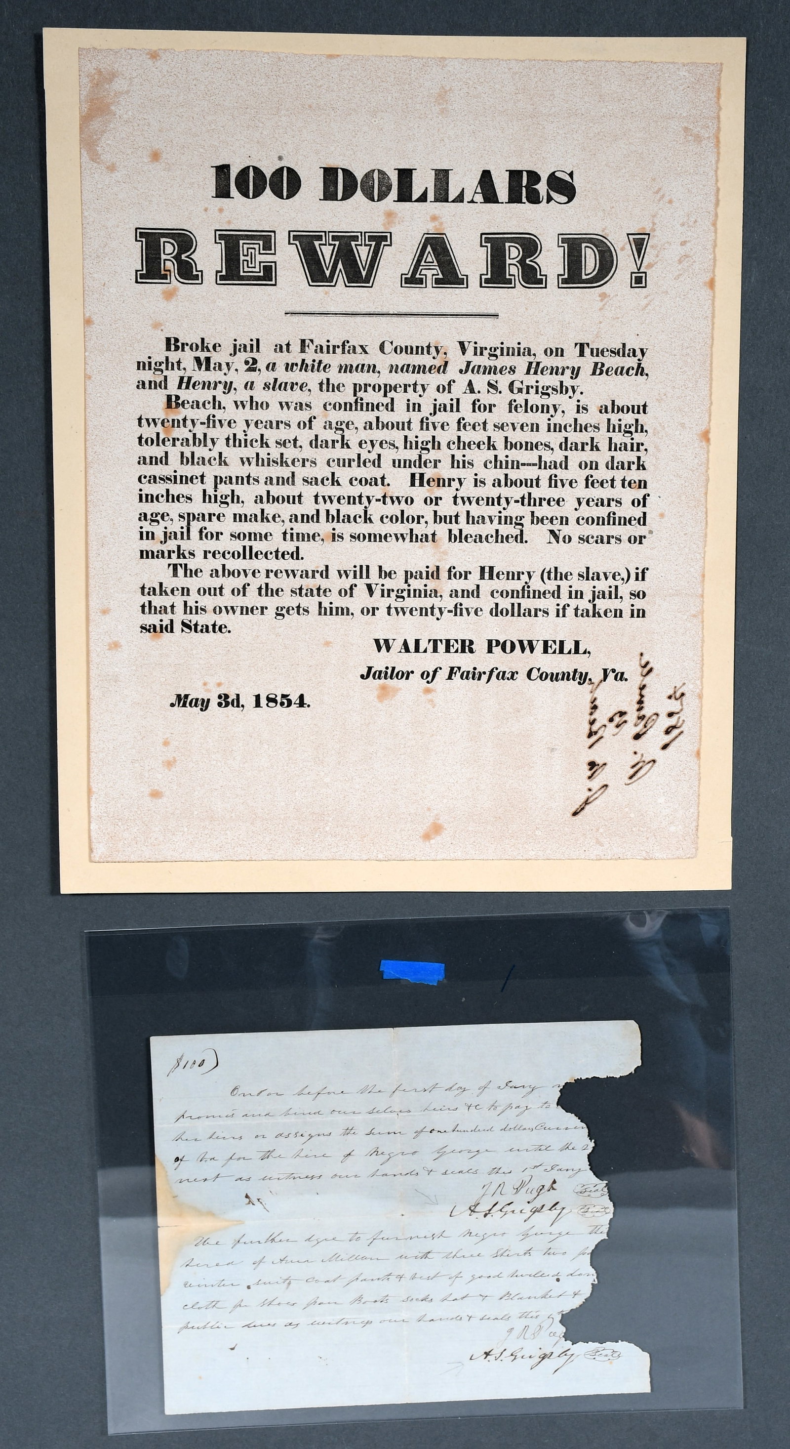 Runaway Slave Broadside. White & Black Men Escape Jail Together.: Runaway Slave Broadside. White & Black Men Escape Jail Together. Slight toning expected for age otherwise excellent condition. 9.5" x 12". Provenance: The Richard Harris African American Experience Co