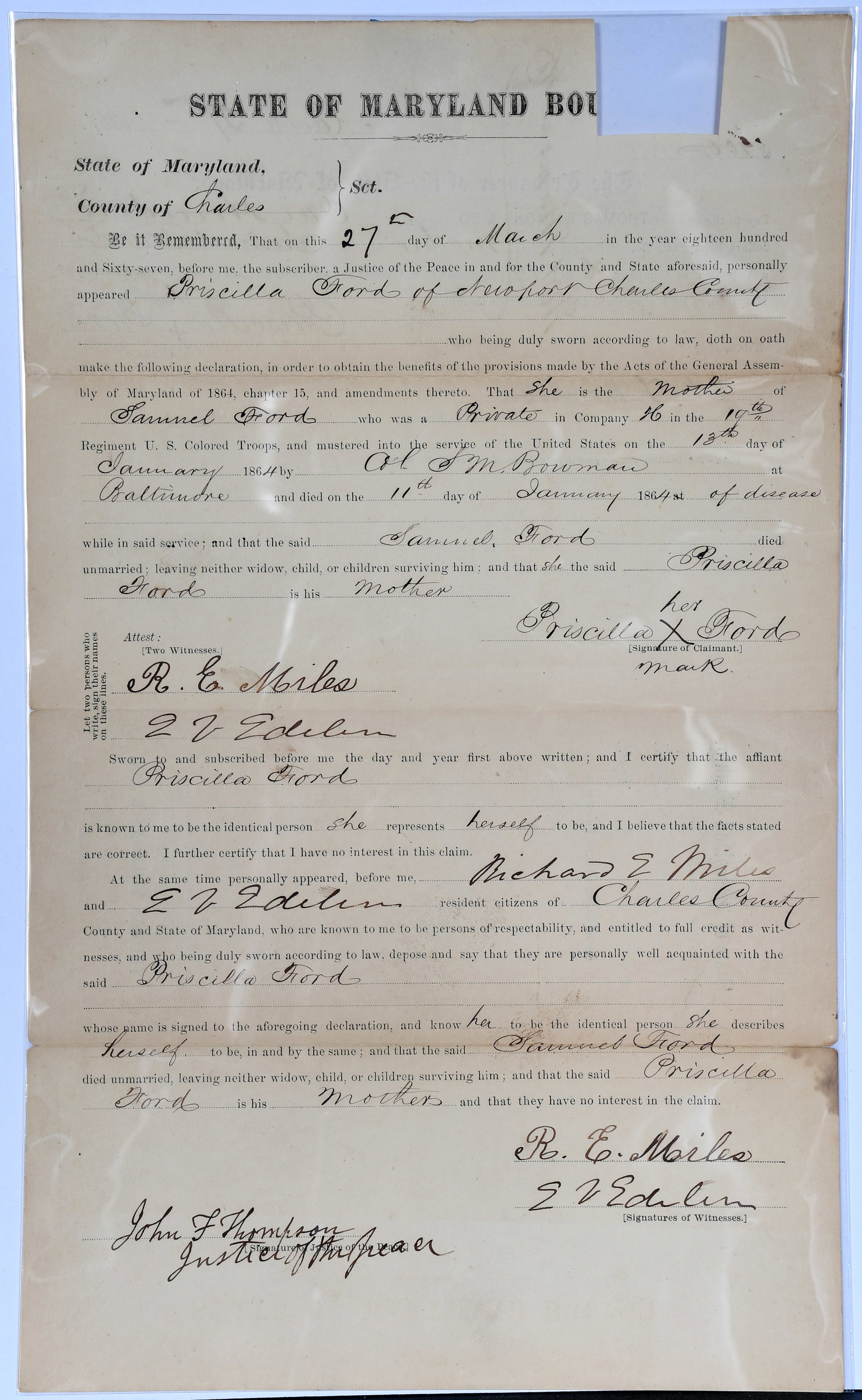 Bounty Certificate and Service Certification Issued in 1866 to Priscilla Ford, Mother of Private: Bounty Certificate and Service Certification Issued in 1866 to Priscilla Ford, Mother of Private Samuel Ford who died of disease with the 19th U.S. Colored Troops in 1864. State of Maryland Bounty (Ch