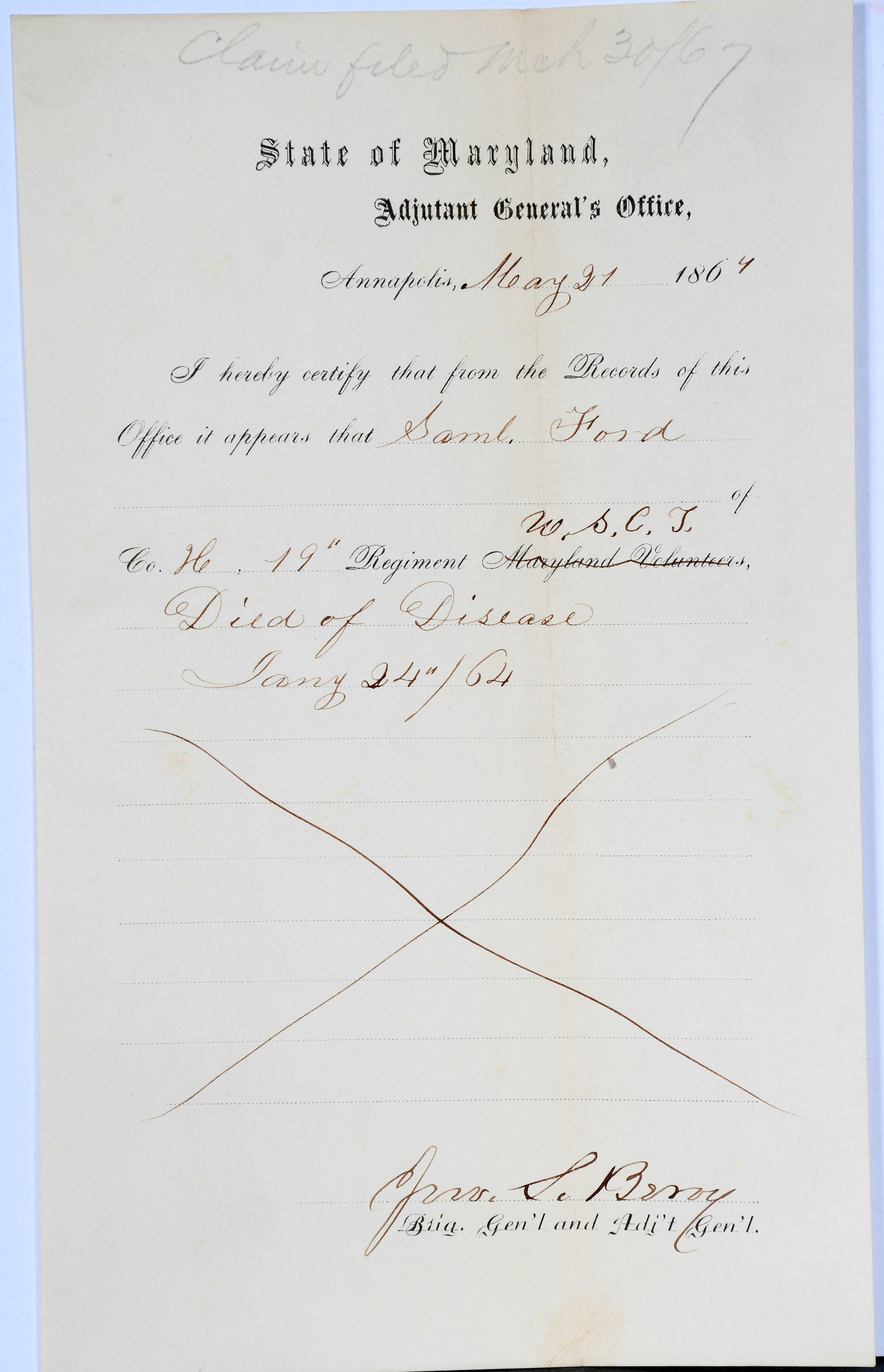 State of Maryland. Death Note for Samuel Ford. Signed with an X by Priscilla Ford.: State of Maryland. Death Note for Samuel Ford. Signed with an X by Priscilla Ford. From the bounty certificate in the previous lot 417, it would appear private Ford enlisted two days after his death. 