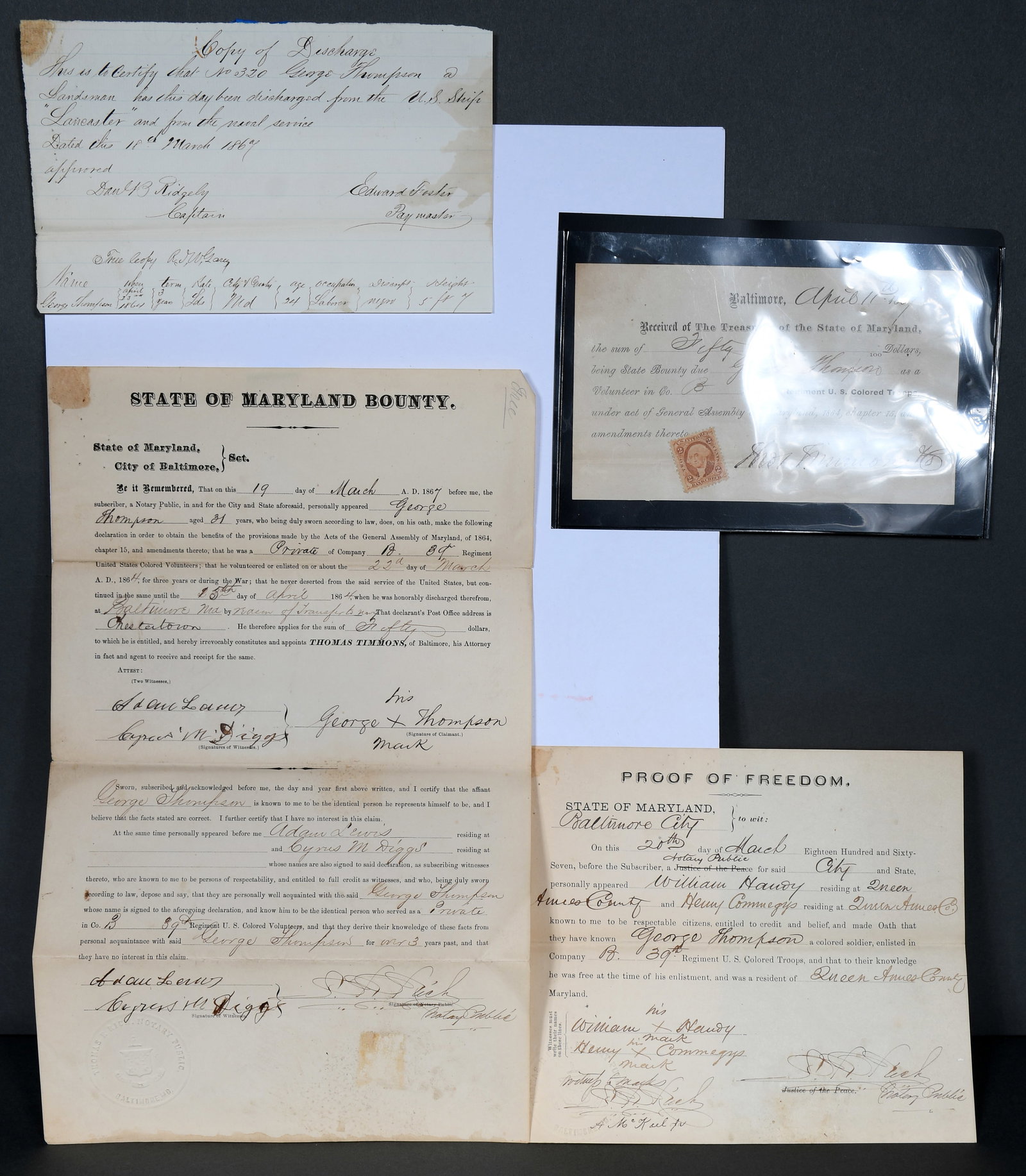 George Thompson Soldier-Sailor. Maryland State Bounty. Summary of service, March 18, 1867.: George Thompson Soldier-Sailor. Maryland State Bounty. Summary of service, March 18, 1867. Enlisted March 22, 1864, three years as Private Company, "B", 39th regiment usct. On April 15, 1864 Thompson