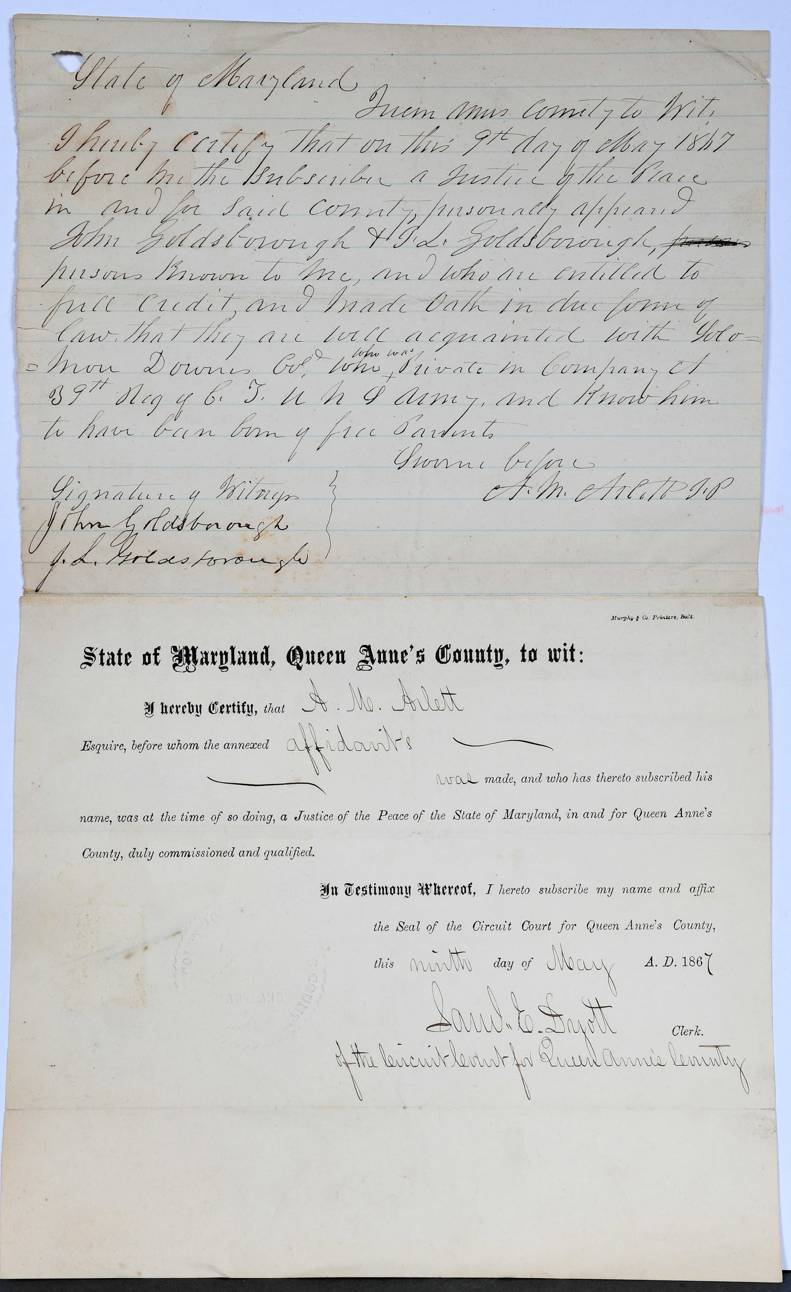 Manuscript Proof of Freedom Issued to Solomon Downes of the 39th U.S. Colored Troops, 1867.: Manuscript Proof of Freedom Issued to Solomon Downes of the 39th U.S. Colored Troops, 1867. Queen Anne's County, MD. Statement Identifying Former Black Soldier. Before Circuit Court, Queen Anne's Coun