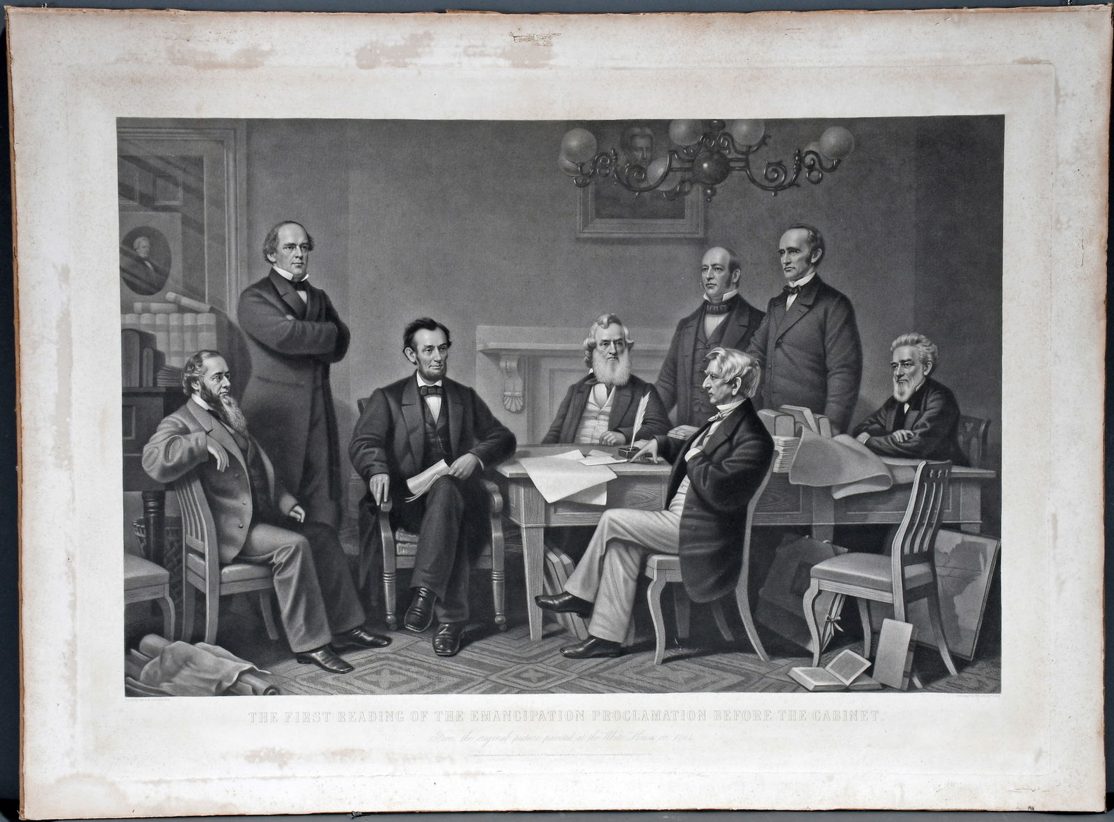 Alexander H. Ritchie. The First Reading of the Emancipation Proclamation Before the Cabinet, Litho.: Alexander H. Ritchie. The First Reading of the Emancipation Proclamation Before the Cabinet, Litho. c. 1866. Print engraving on paper backed to linen. Expected aging and foxing on verso otherwise exce