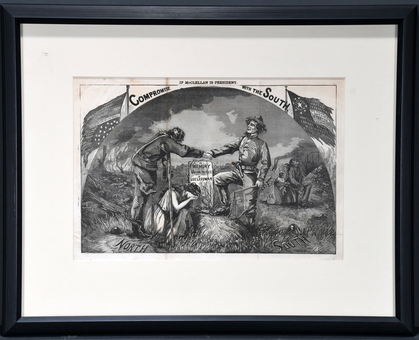 Anonymous. Compromise With the South if McClellan is President. c. 1864.: Anonymous. Compromise With the South if McClellan is President. c. 1864. Wood engraving. Rare example. Complex engraving, an unusual political engraving of the period. Only one other example known. Mi