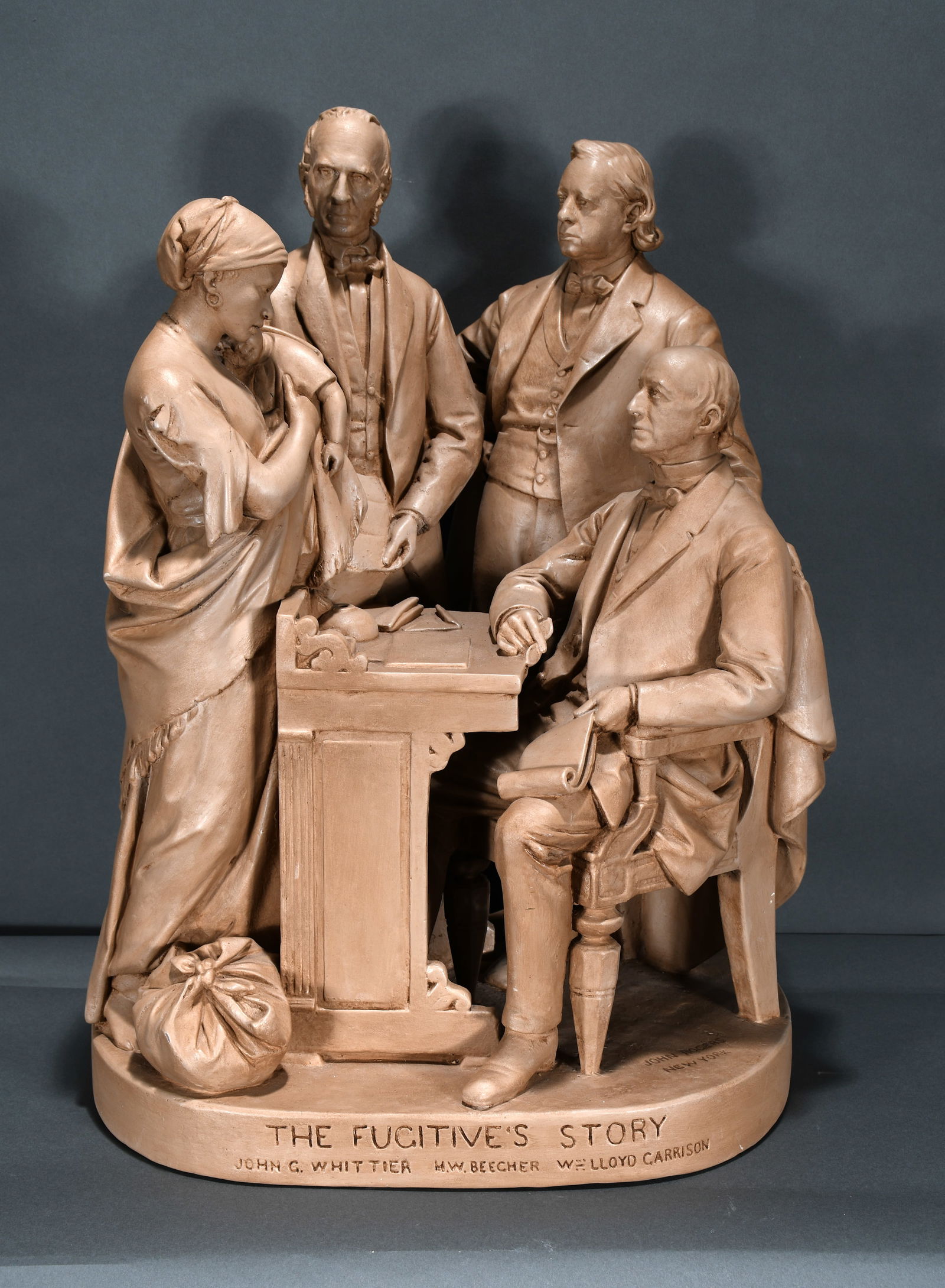 John Rogers. The Fugitives Story.: John Rogers. The Fugitives Story; John G. Whittier, H.W. Beecher, Welloyd Carrison. Plaster "Rogers Group". Patented September 7th, 1865. Nick on back of hair, professionally restored. 15" w x 22" h x