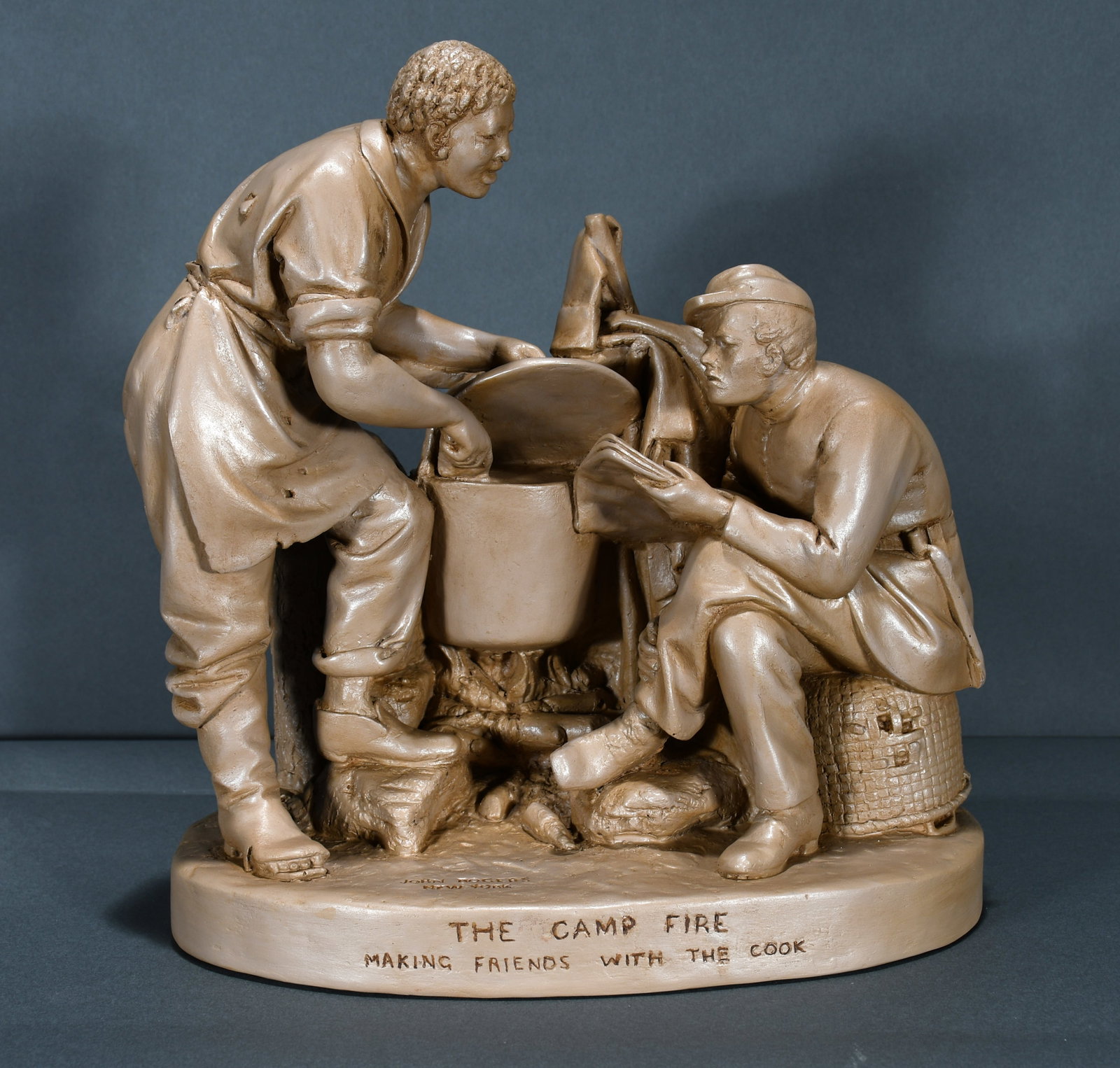 John Rogers. The Camp Fire, Making Friends with the Cook.: John Rogers. The Camp Fire, Making Friends with the Cook. Plaster "Rogers Group". Patented May 27, 1862 on the base. Professionally restored. 11.5" w x 12" h x 6.5" d. Provenance: The Richard Harris A