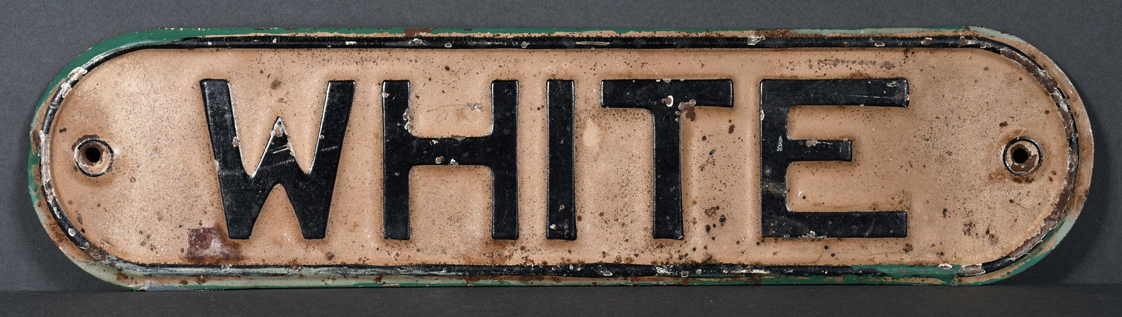 Segregation Sign. White.: Segregation Sign. White. c. 1940’s - 1950's. Paint on tin. Wear and oxidation consistent with age otherwise excellent condition. 10" w x 2.5" h. Provenance: The Richard Harris African American Exper