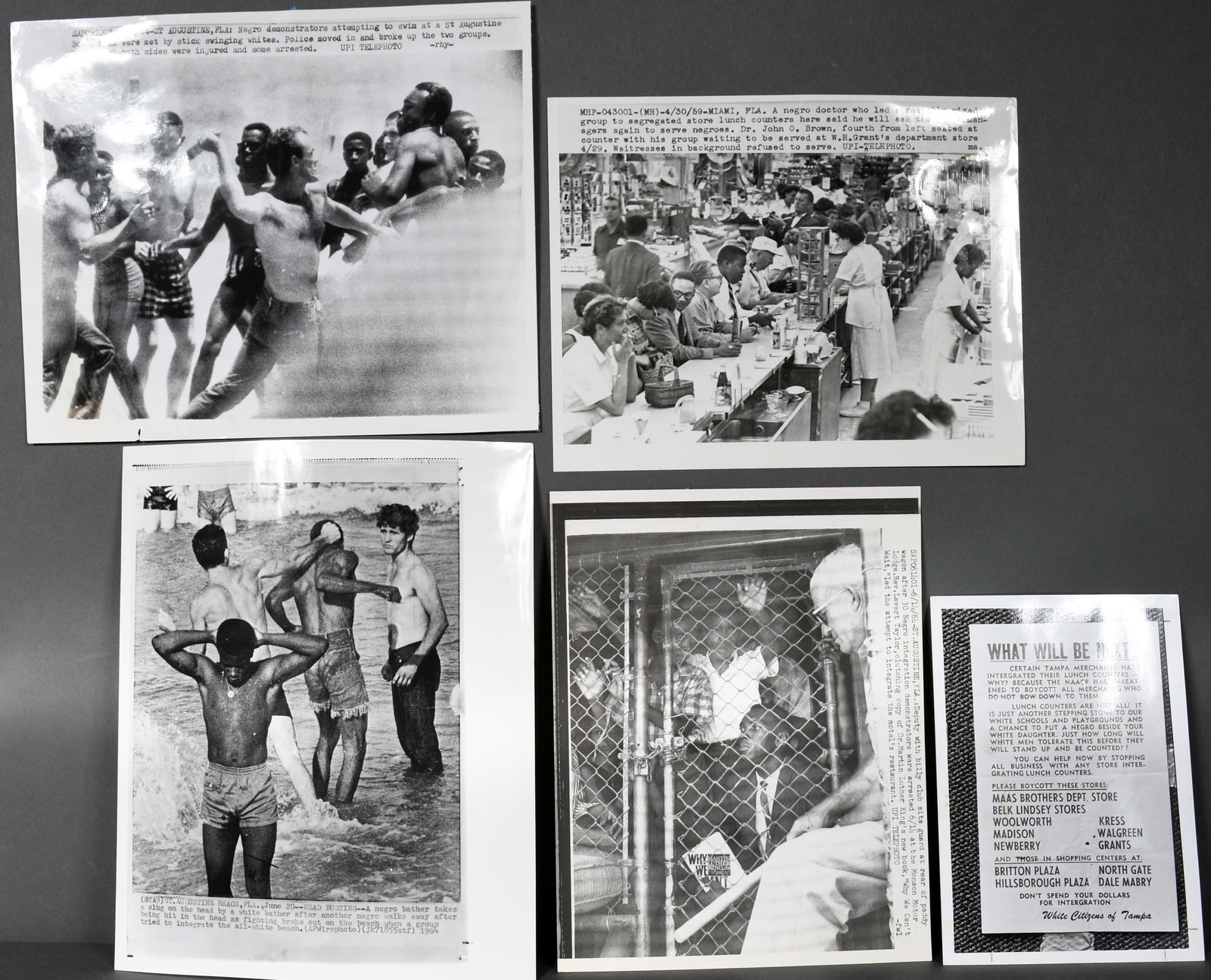 Press Wire Photos. Black and White Civil Disobedience and Protest Photos from Florida.: Press Wire Photos and Silver Prints. Five Black and White Civil Disobedience and Protest Photos from Florida. Excellent condition. Average size 9" w x 7" h. Provenance: The Richard Harris African Amer