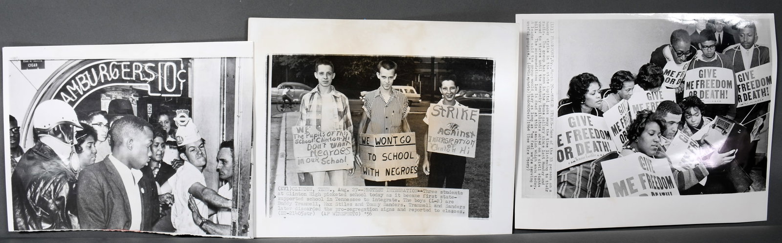 Press Wire Photos and Silver Prints. Three Black and White TN Photos Showing Protests.: Press Wire Photos and Silver Prints. Three Black and White Tennessee Photos Showing Protests. c. 1956-1964. Excellent condition. Average size is 9" w x 7" h. Provenance: The Richard Harris African Ame