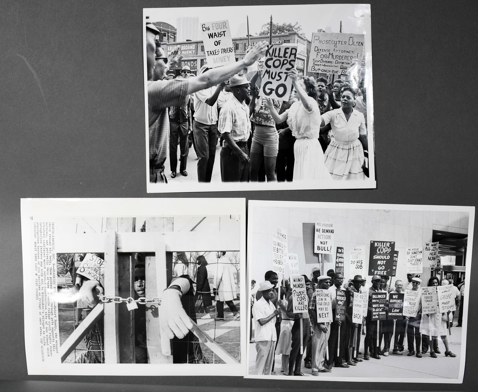 Press Wire Photos. Three Protest Photos from Detroit.: Press Wire Photos. Three Protest Photos from Detroit. c. 1963-65. Excellent condition. Average size is 10" w x 8" h. Provenance: The Richard Harris African American Experience Collection. Est. $200-30