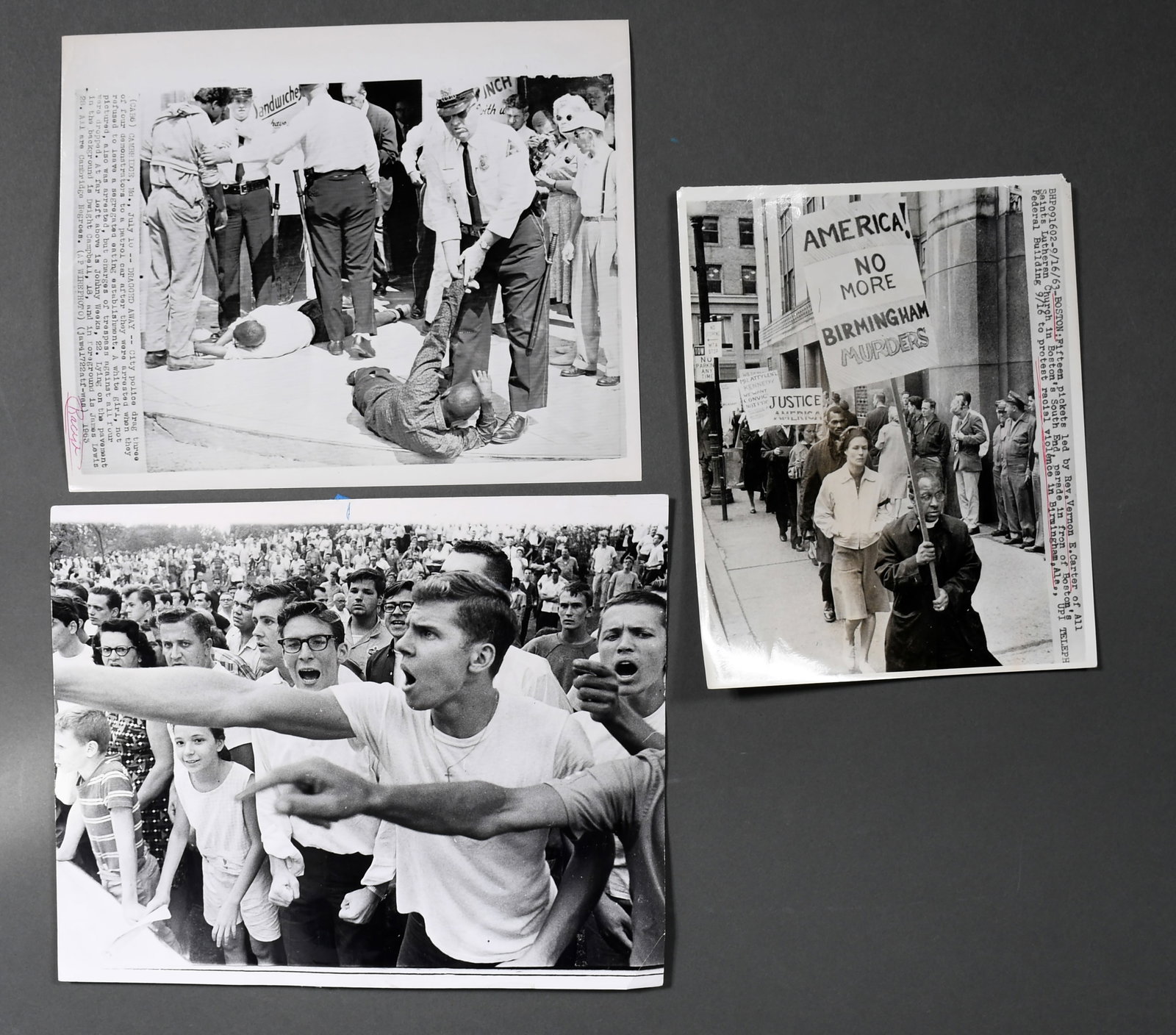 Three Black and White Photos from Chicago Protests.: Press Wire Photos. Three Black and White Photos from Chicago Protests. c. 1963-66. Excellent condition. Average size is 10" w x 8" h. Provenance: The Richard Harris African American Experience Collect