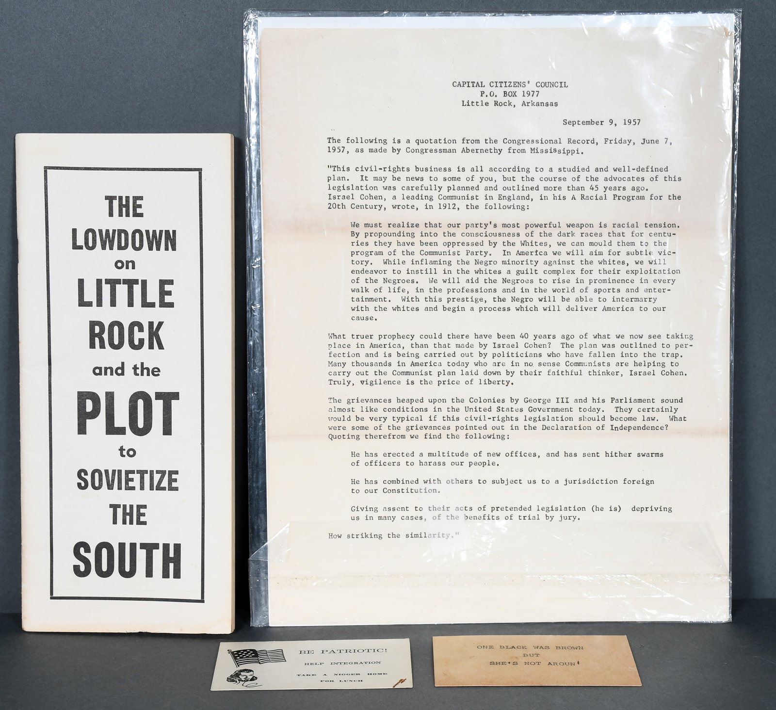 Four Pieces Promoting Racist Propaganda in Little Rock.: Four Pieces Promoting Racist Propaganda in Little Rock. c. 1957. Mimeographed ‘Open’ Capital Citizen's Council Letter regarding Civil Rights. Pamphlet about Little Rock's Plot to Sovietize the Sou