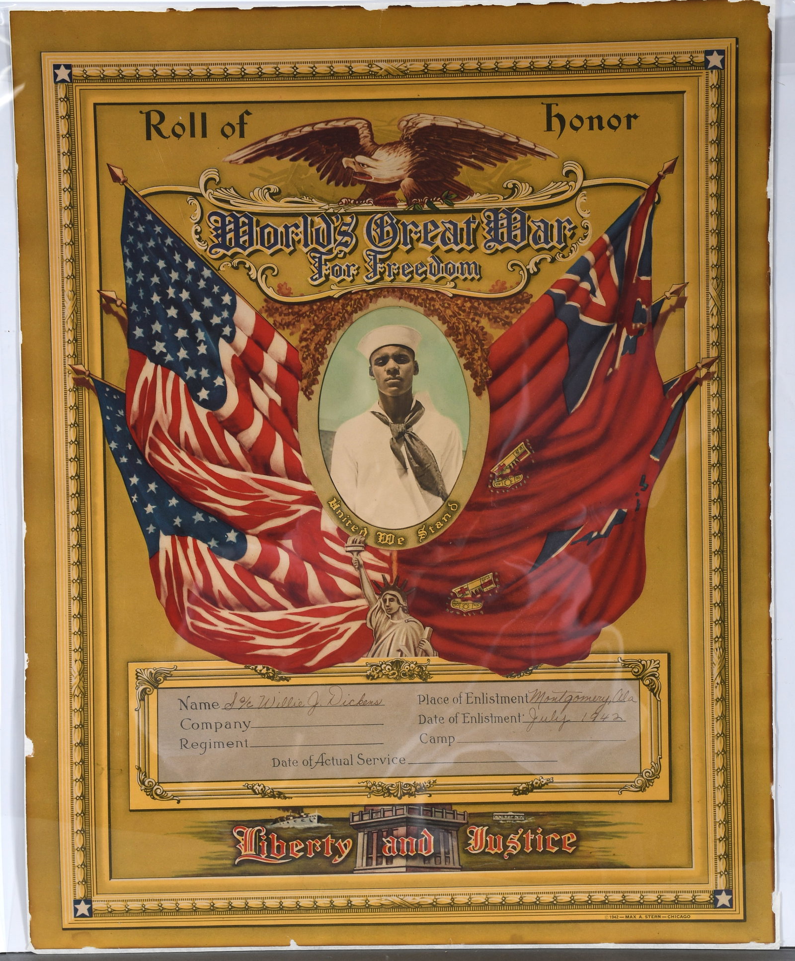 Max. A. Stern, Chicago. Roll of Honor.: Max. A. Stern, Chicago. Roll of Honor. 1942. Photo print of Sgt. First Class Willy Dickens. Colored print with photo attached to back. Wear on edges otherwise excellent condition with vivid colors. 16