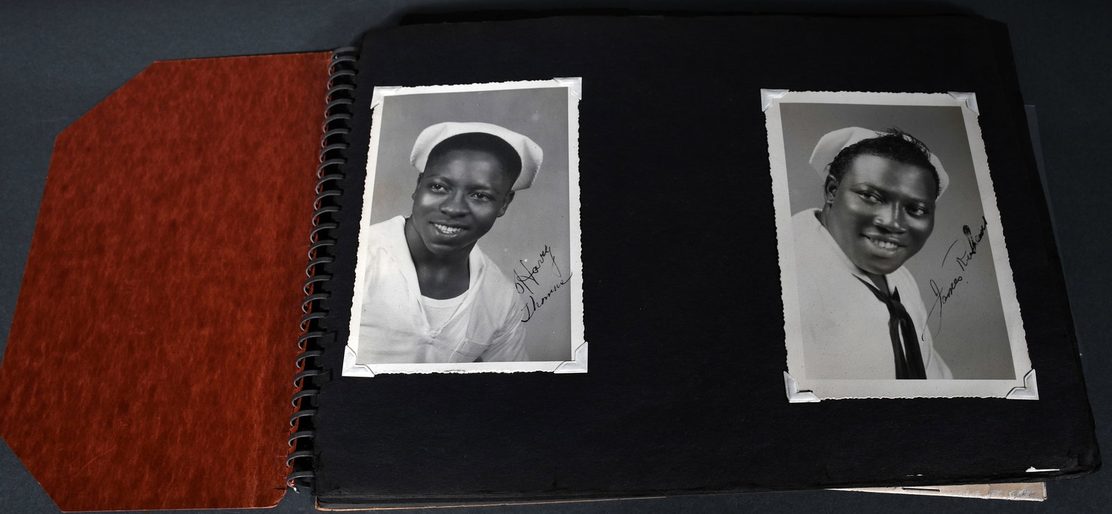 Photographic Scrapbook of African-American Naval Service in the Korean War, 1950.: Photographic Scrapbook of African-American Naval Service in the Korean War, 1950.Album with 11 photo filled pages from Korean War, with additional lose pictures and ephemera. Lose pages and wear on al