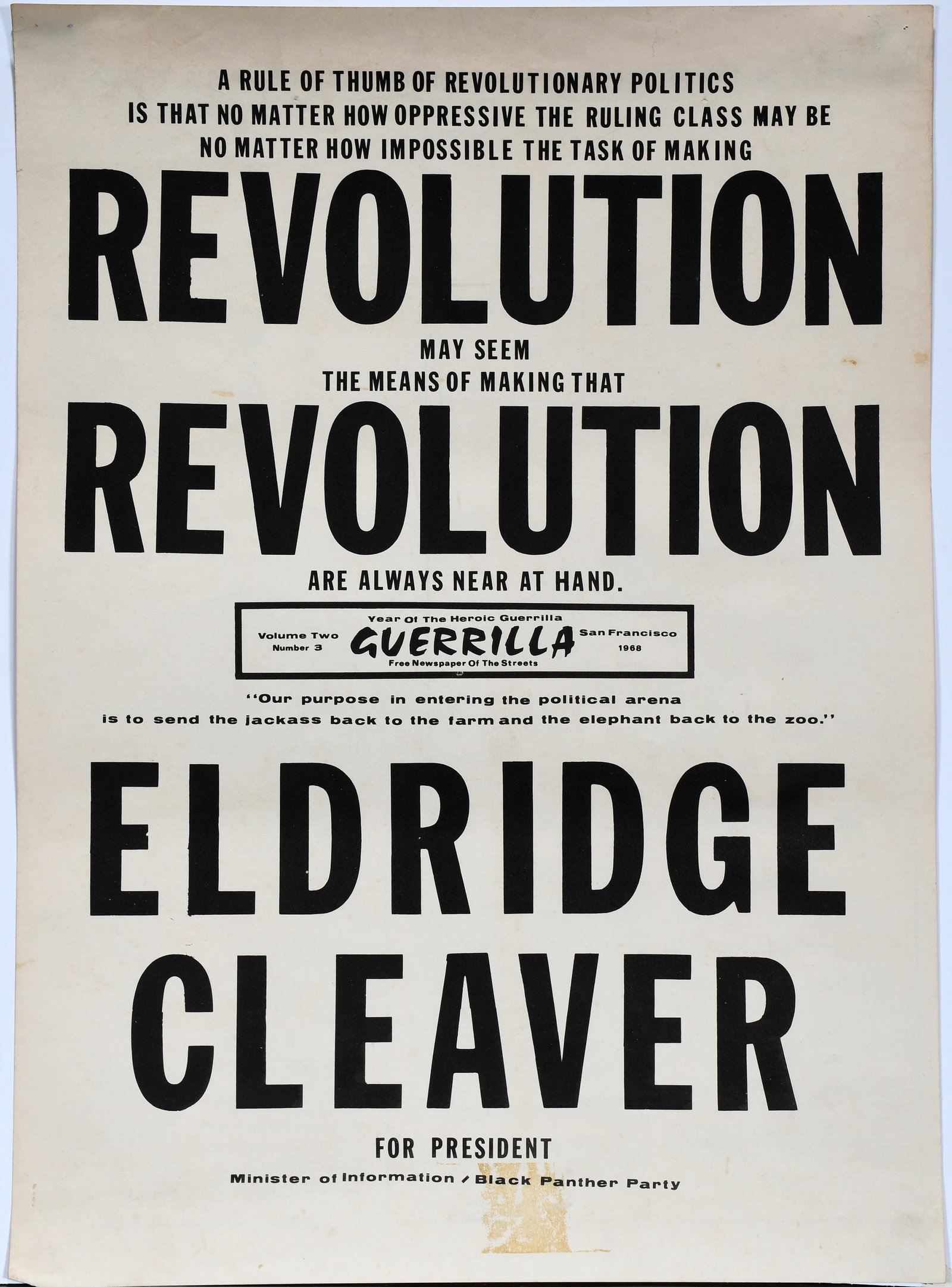 Cleaver Eldridge (Black Panthers). A Rule of thumb of Revolutionary politics.: Cleaver Eldridge (Black Panthers). A Rule of thumb of Revolutionary politics. Black and white poster. c. 1968. Some tape residue at middle bottom, some discoloration and pin holes in corners with smal